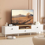 Meuble TV, meuble télé pour téléviseur jusqu'à 90 pouces avec 2 portes rabattables, tiroir, 200 x 35 x 45 cm, blanc