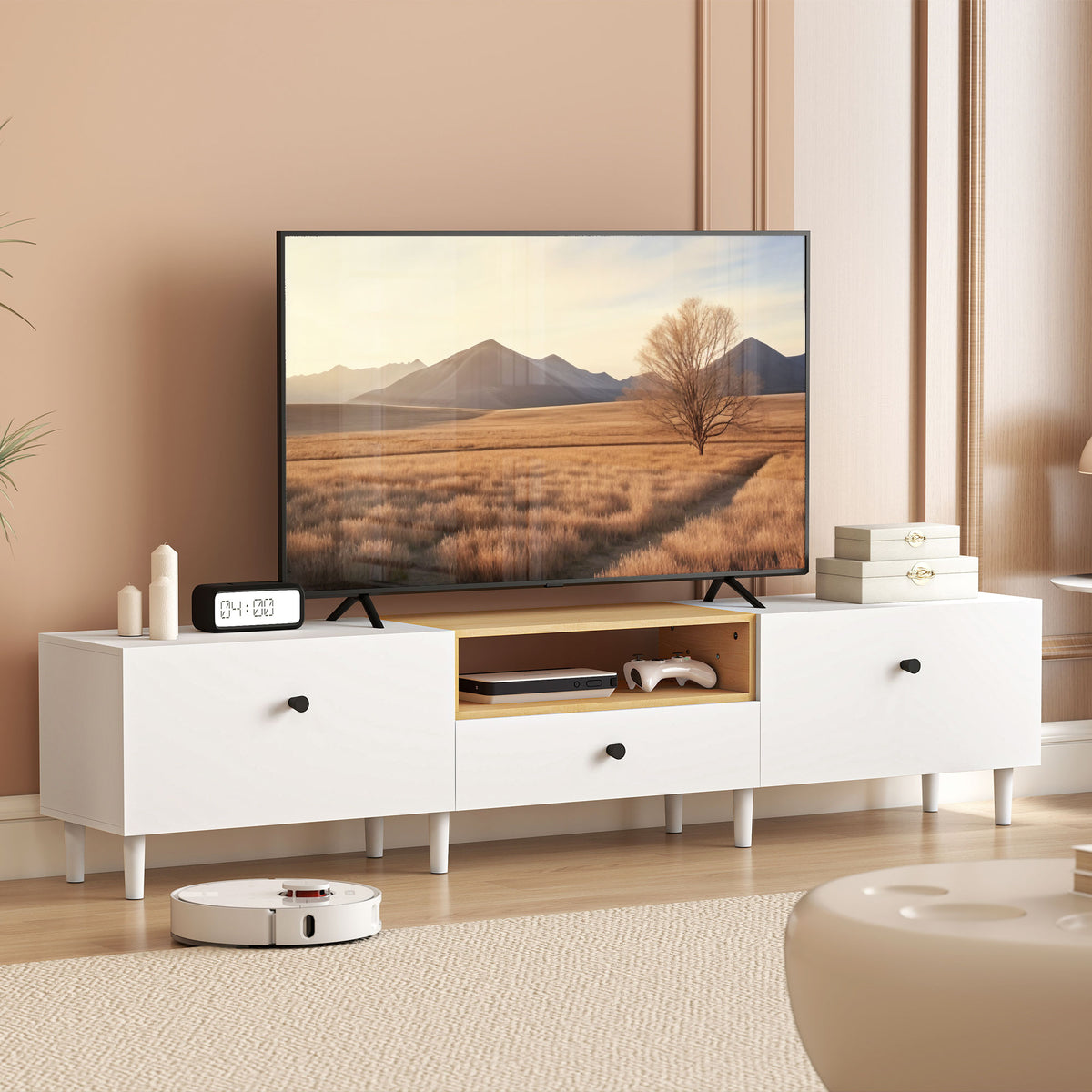 Meuble TV, meuble télé pour téléviseur jusqu'à 90 pouces avec 2 portes rabattables, tiroir, 200 x 35 x 45 cm, blanc