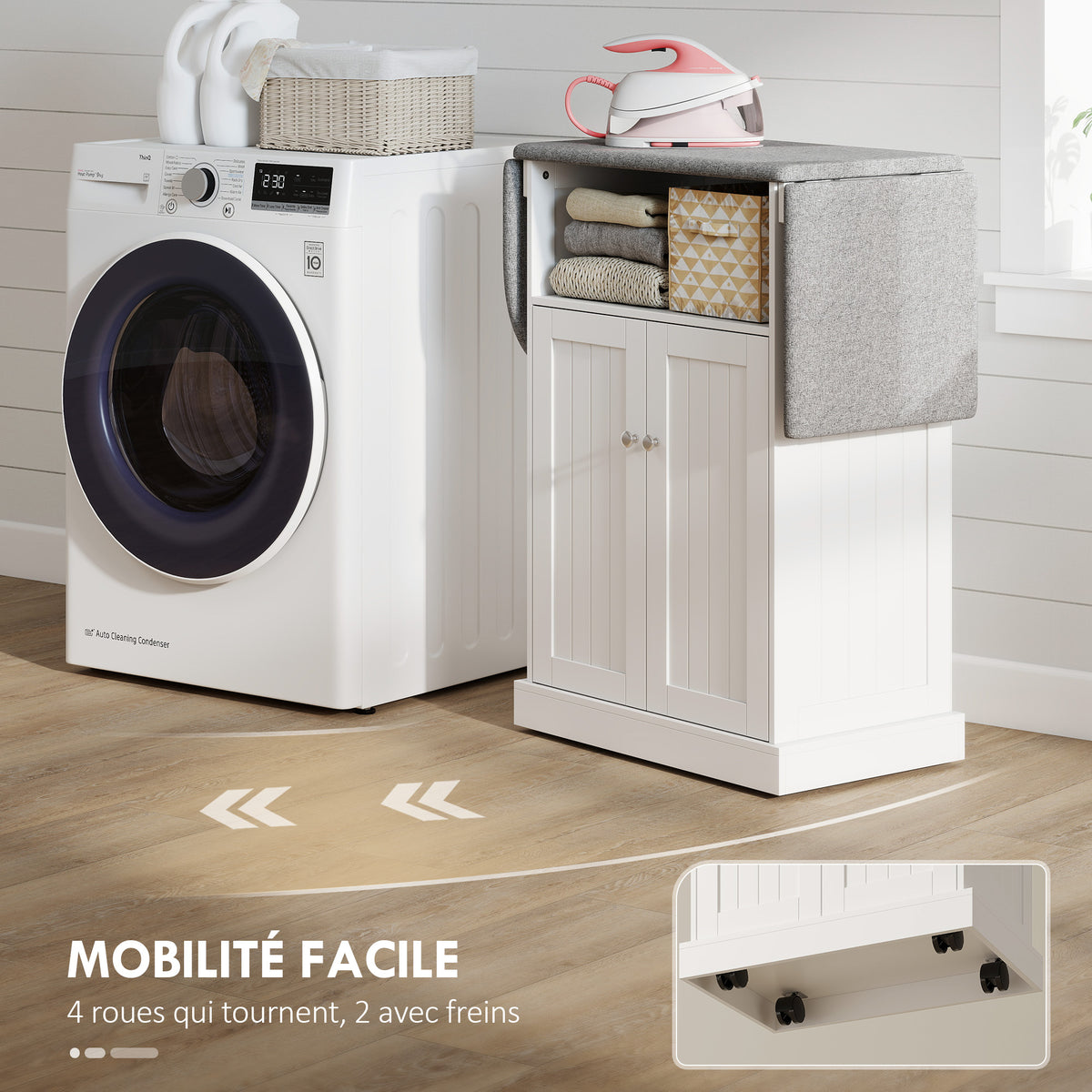 Ironing cabinet on wheels, ironing board with foldable ironing surface, 131 x 37 x 89.5 cm, white