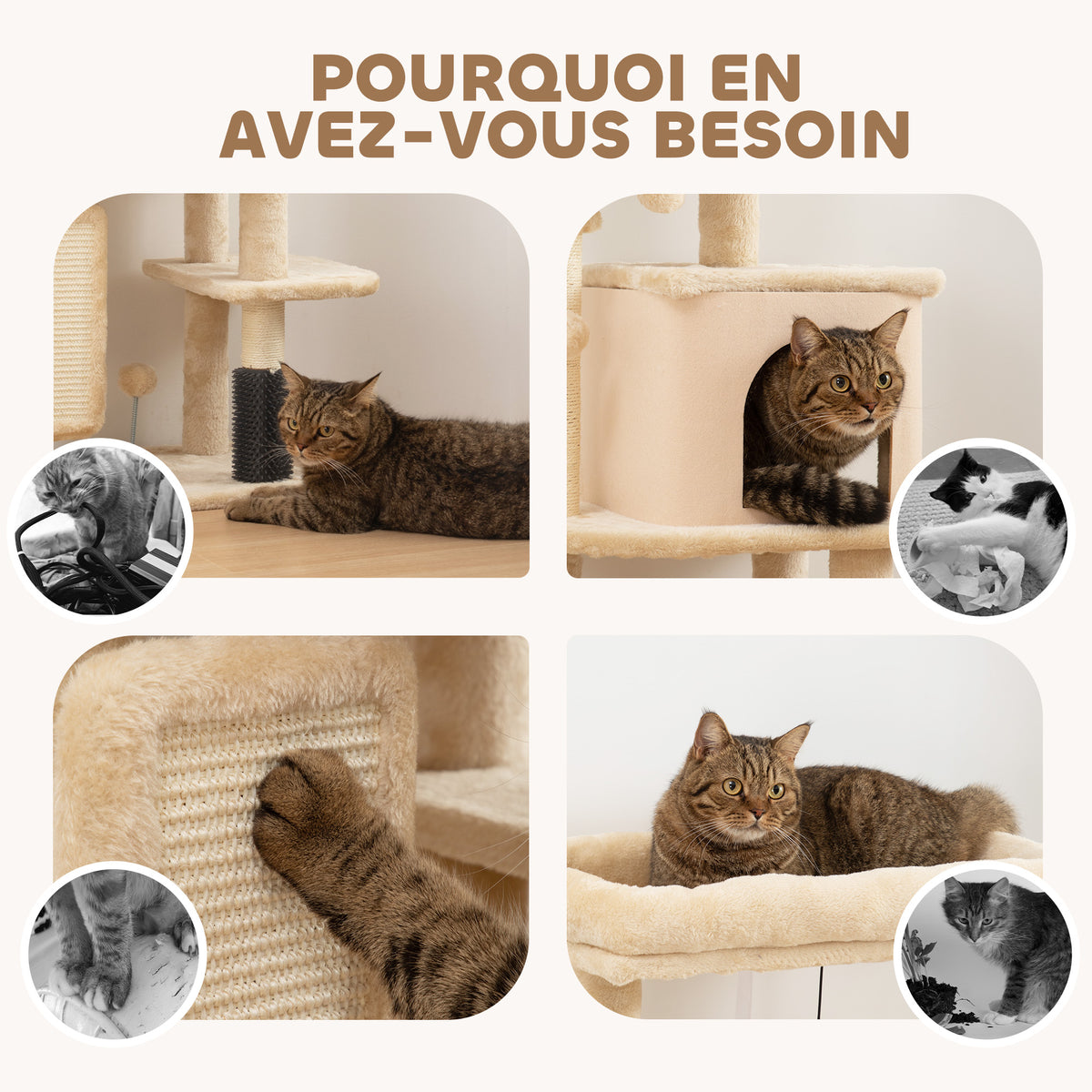 Arbre à Chat, Tour de Jeux, Hauteur de 104 cm, avec Lit, Maison, Brosse de Toilettage, 44l x 34P x 104H cm, Beige