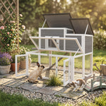 Clapier Lapin Extérieur en Bois Cage à Lapin Intérieur Double Toit Ouvrant Imperméable 2 Niveaux avec Enclos Gris