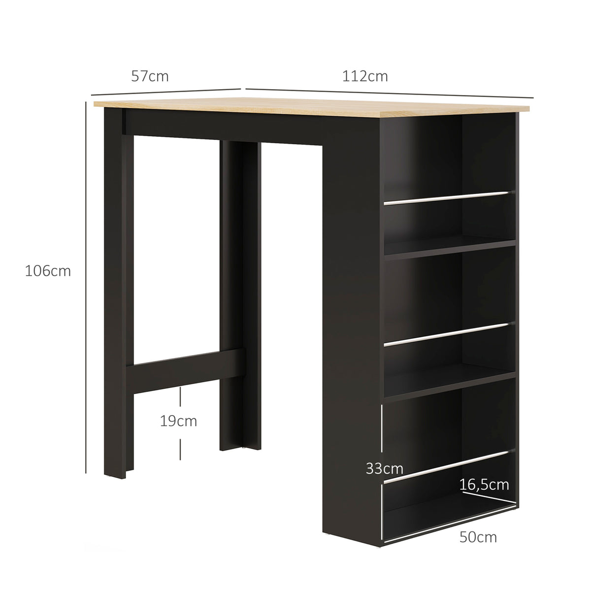 Mesa de bar, mesa alta de cocina, mesa alta, mostrador - dim. 112L x 57an x 106al cm - 3 estantes - negro
