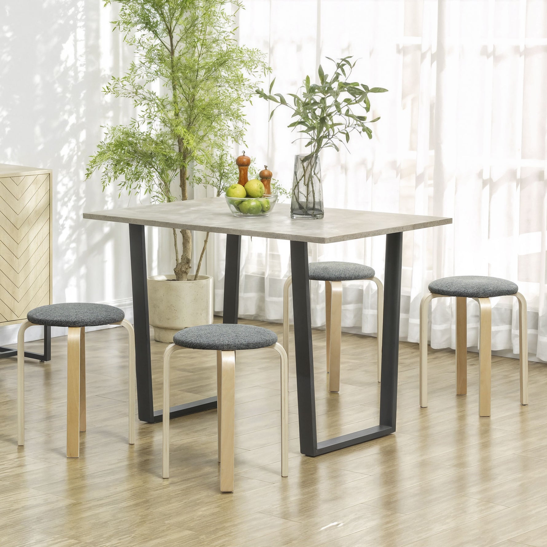 Ensemble de 4 tabourets empilables ronds sans dossier avec assise rembourrée, 40 x 40 x 45 cm, gris