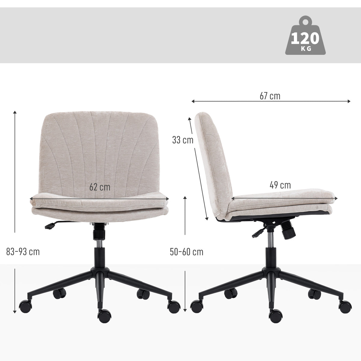 Chaise de bureau sans accoudoirs, fauteuil de bureau en chenille, hauteur réglable, 62 x 67 x 83-93 cm, beige