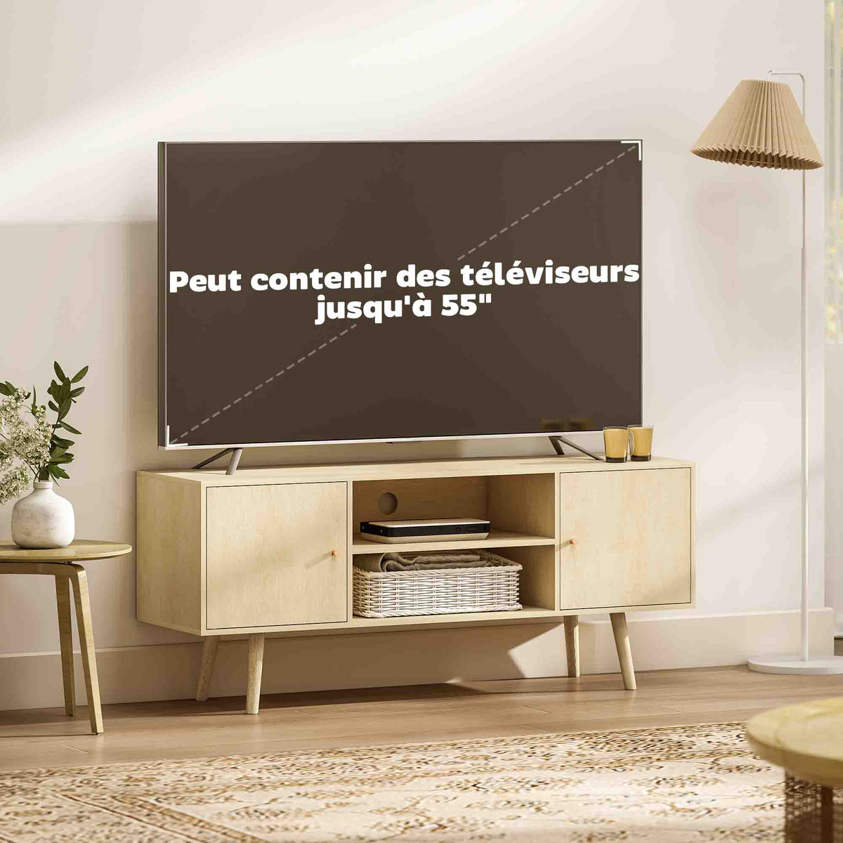 Meuble TV meuble télé pour téléviseur jusqu'à 55 pouces 2 placards et 2 étagères ouvertes 120x34x50cm effet bois naturel