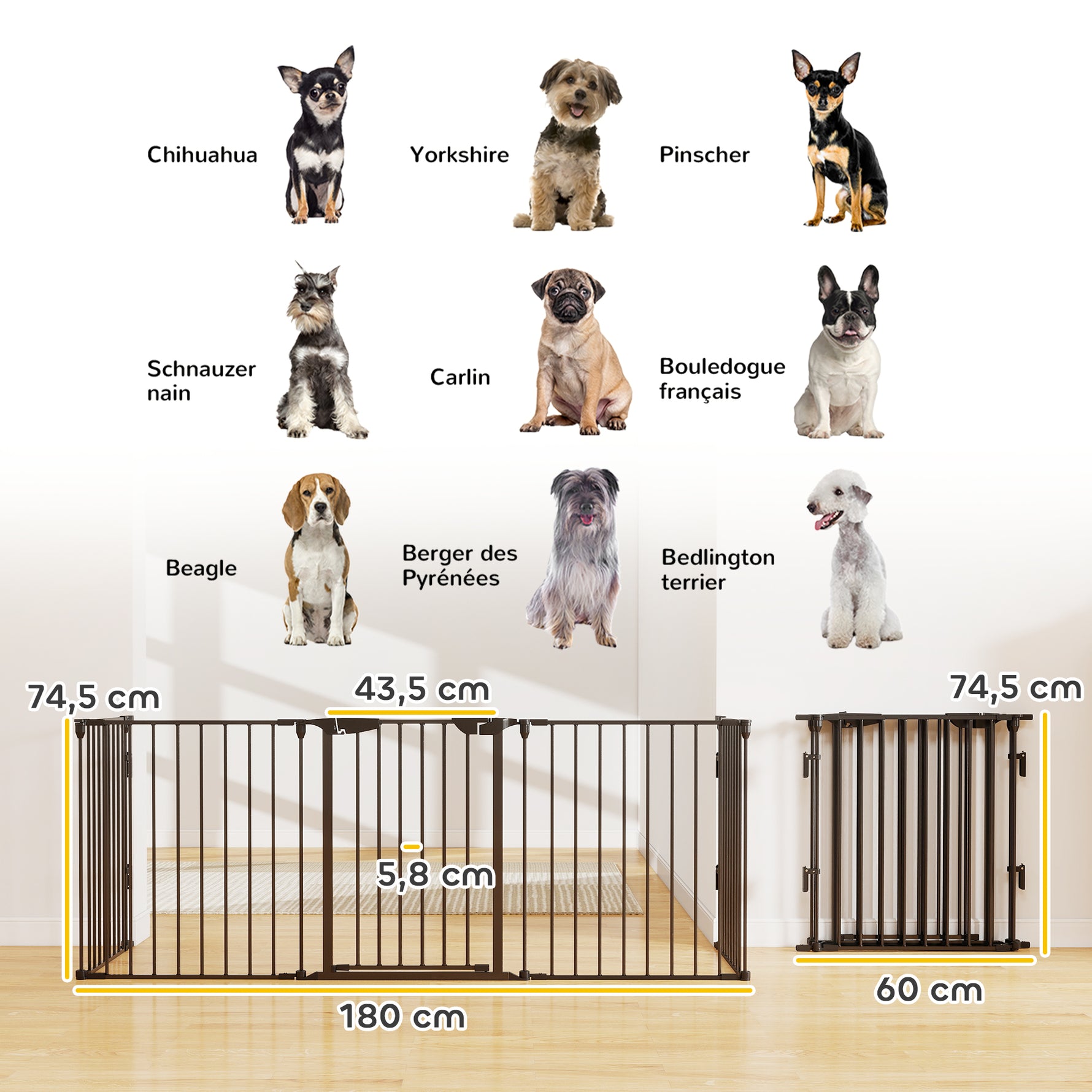 Barrière de sécurité parc enclos chien modulable pliable porte intégrée 300L max. x 74,5H cm métal PP noir