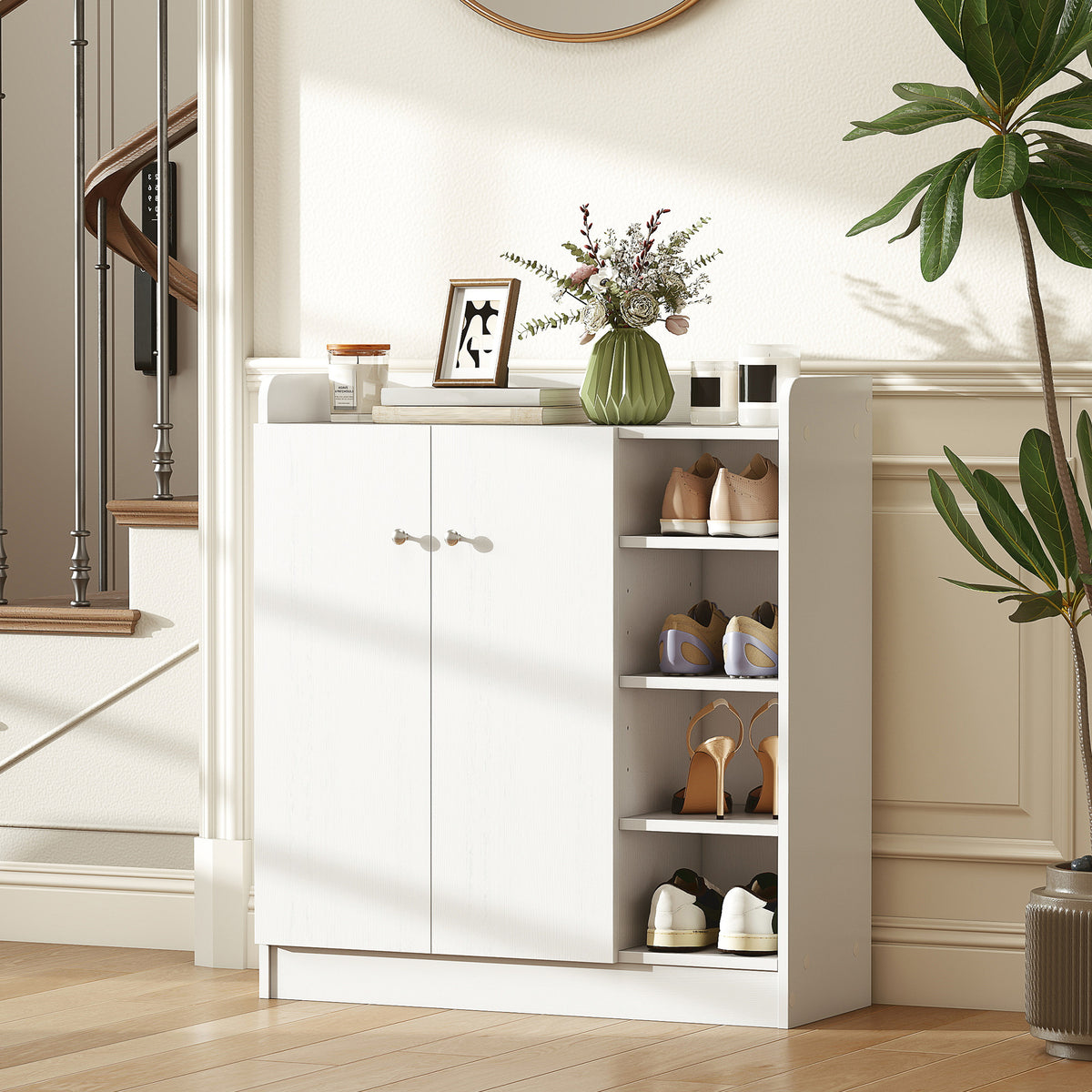 Meuble de rangement à chaussures pour entrée 12 paires - armoire à chaussures avec 4 compartiments ouverts et placard double porte - étagère réglable - 83L x 30l x 90H cm - blanc