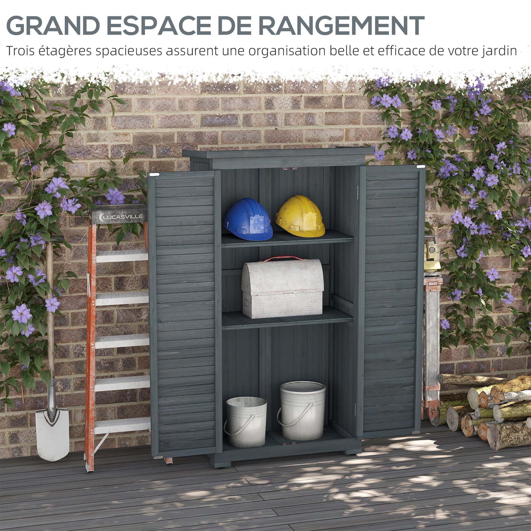 Armoire de jardin remise pour outils en bois 2 étagères toit bitumé portes persiennes 87 x 47 x 160 gris
