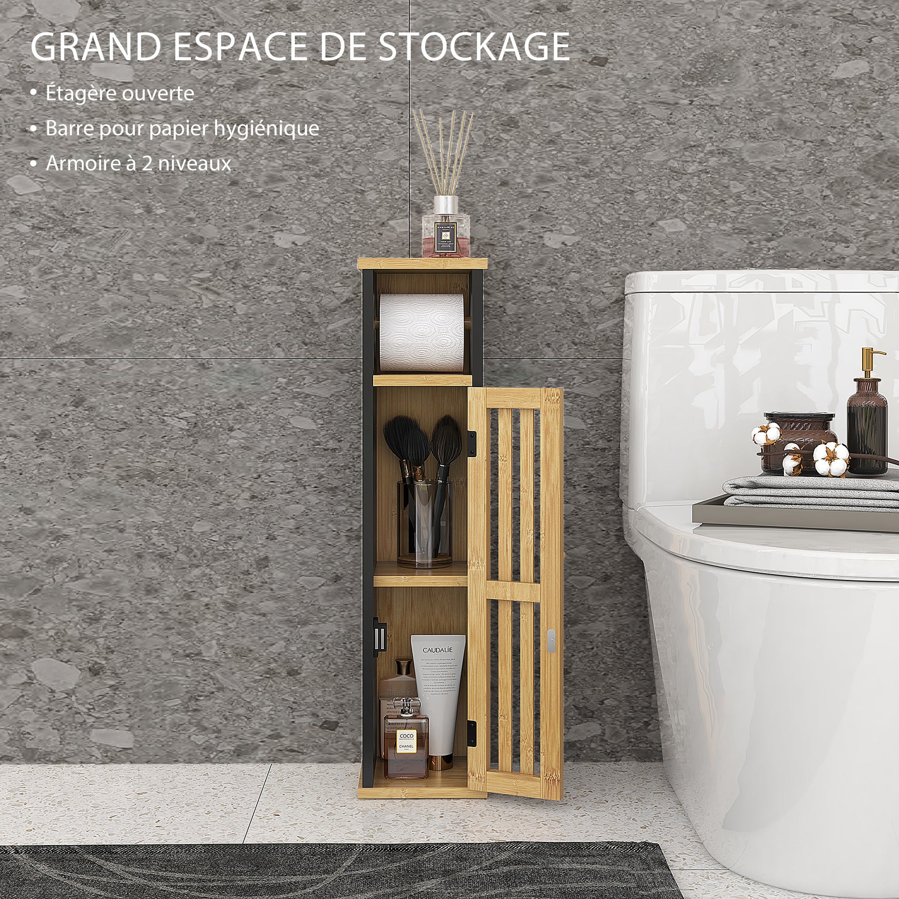 Meuble de salle de bain avec support papier toilette rangement avec barre amovible 2 Niveaux + Sortie Papier MDF Bambou