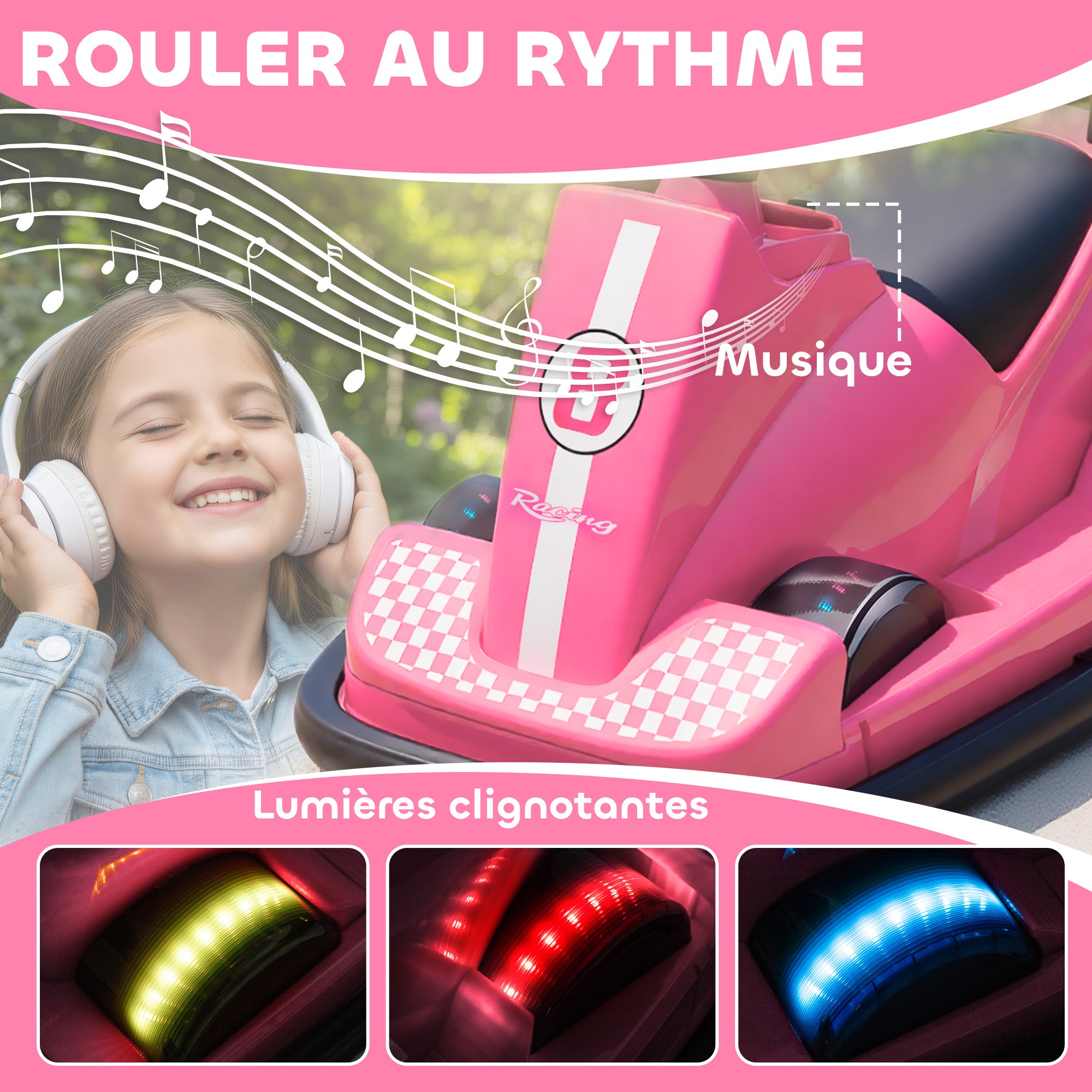 Auto-Tamponneuse Enfant 6V, Rotation à 360°, Musique, Klaxon, Démarrage Doux, 2,5 km/h, pour Âges 3-8, 74x53x48cm, Rose