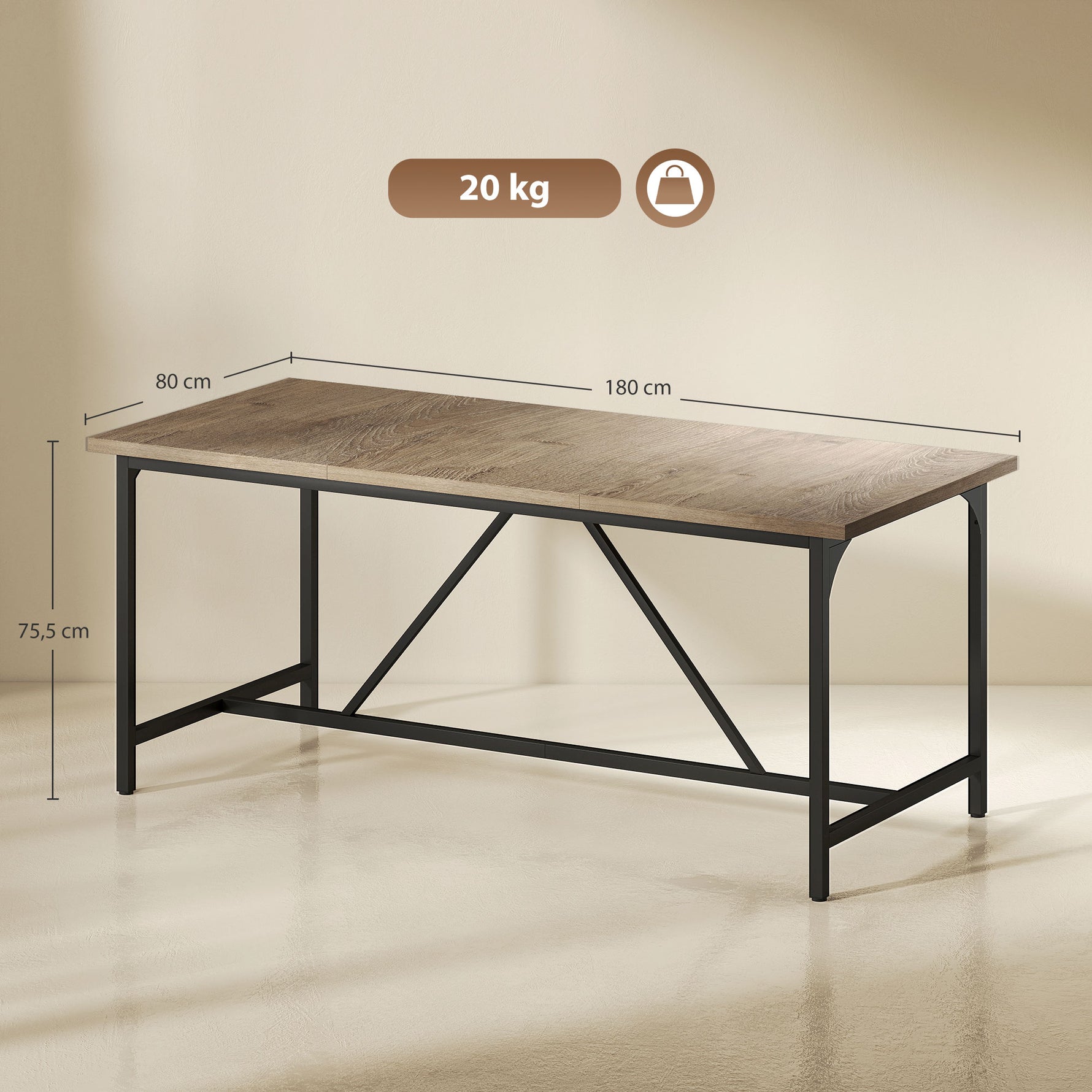 Table à manger rectangulaire pour 6-8 personnes table de cuisine style industriel 180 x 80 x 75,5 cm effet bois naturel