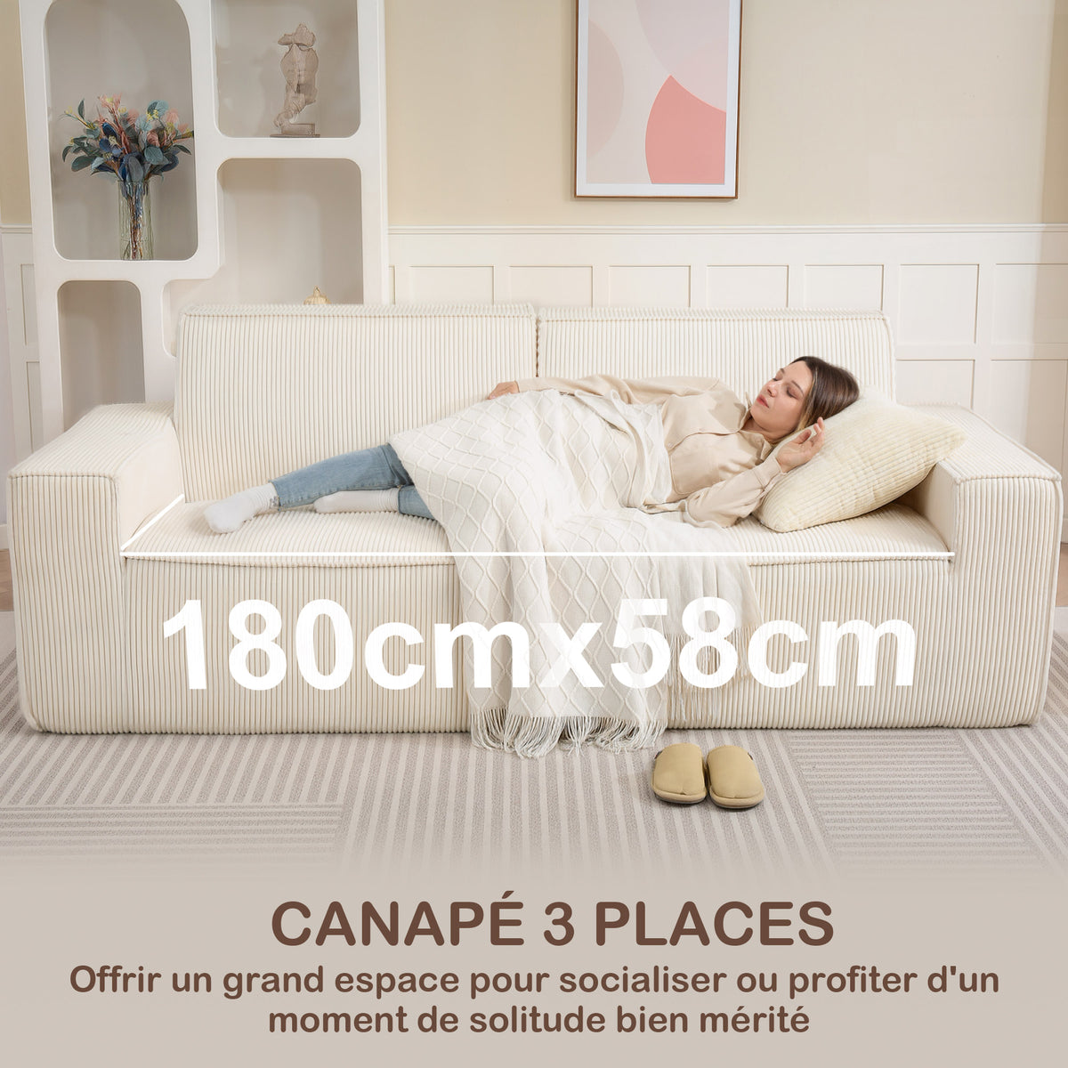 Canapé 3 places en velours côtelé 230 cm, canapé moderne, pas de montage nécessaire, beige-3