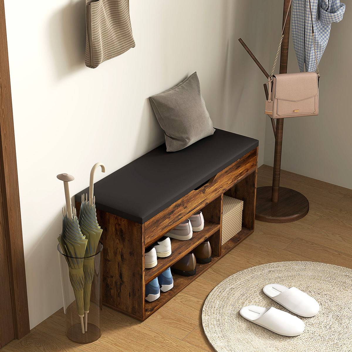 Meuble Chaussures Banc à Chaussures 2 Niveaux Rangement, Niche + Coffre intégré avec Coussin Effet bois d'acajou