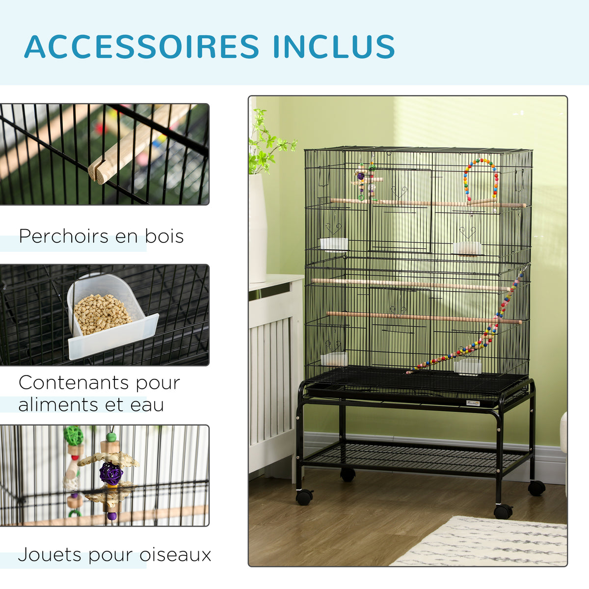 Cage à oiseaux sur pieds roulettes avec 4 mangeoires et 3 perchoirs 79 x 49 x 133 cm noir