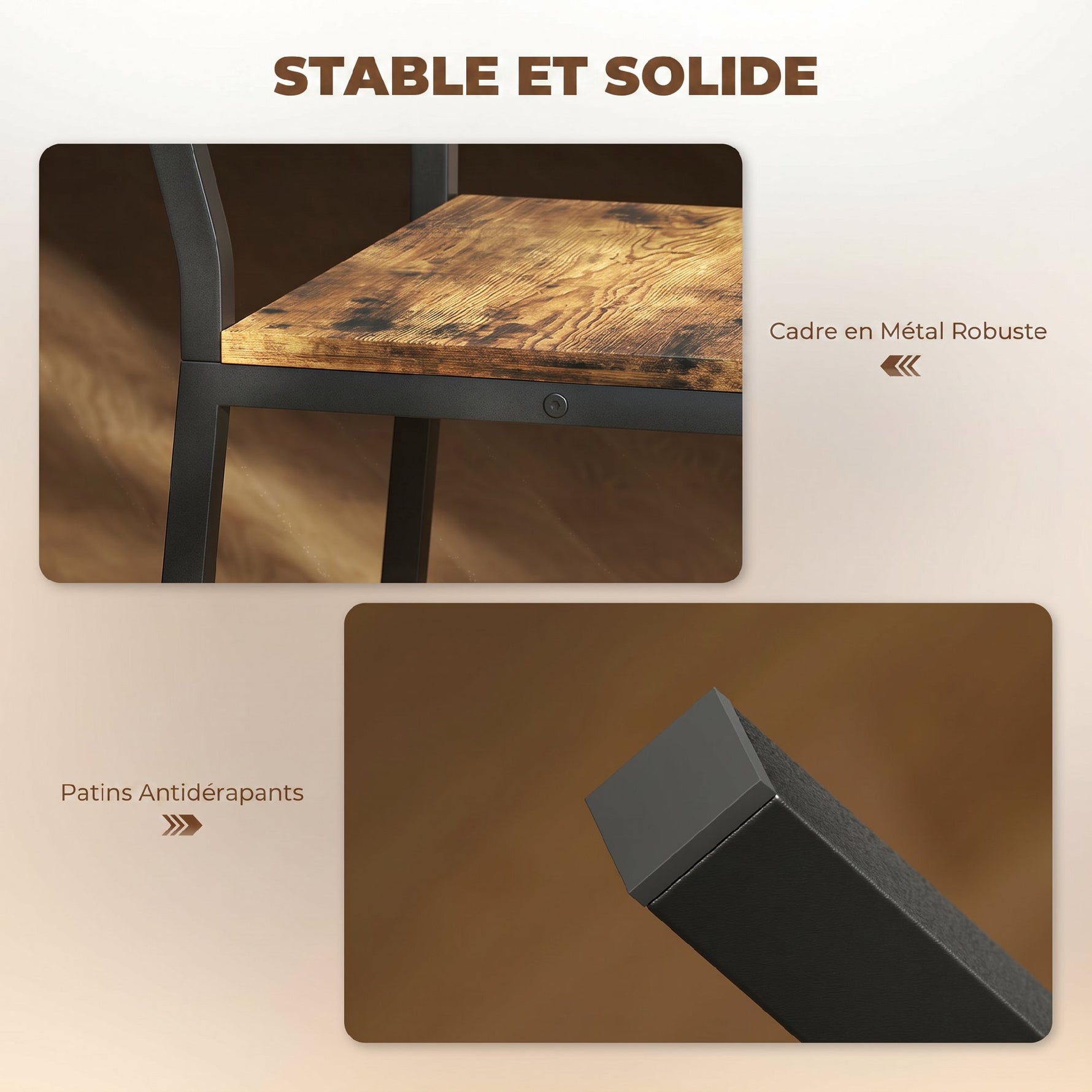 Lot de 2 tabourets de bar, chaises de bar, assise 72,5H cm, dossier et repose-pieds, pieds en métal, brun rustique