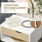 Table de chevet, table de nuit, avec tiroir, design moderne, pieds en bois massif, 50 x 39 x 51 cm, blanc et bois naturel