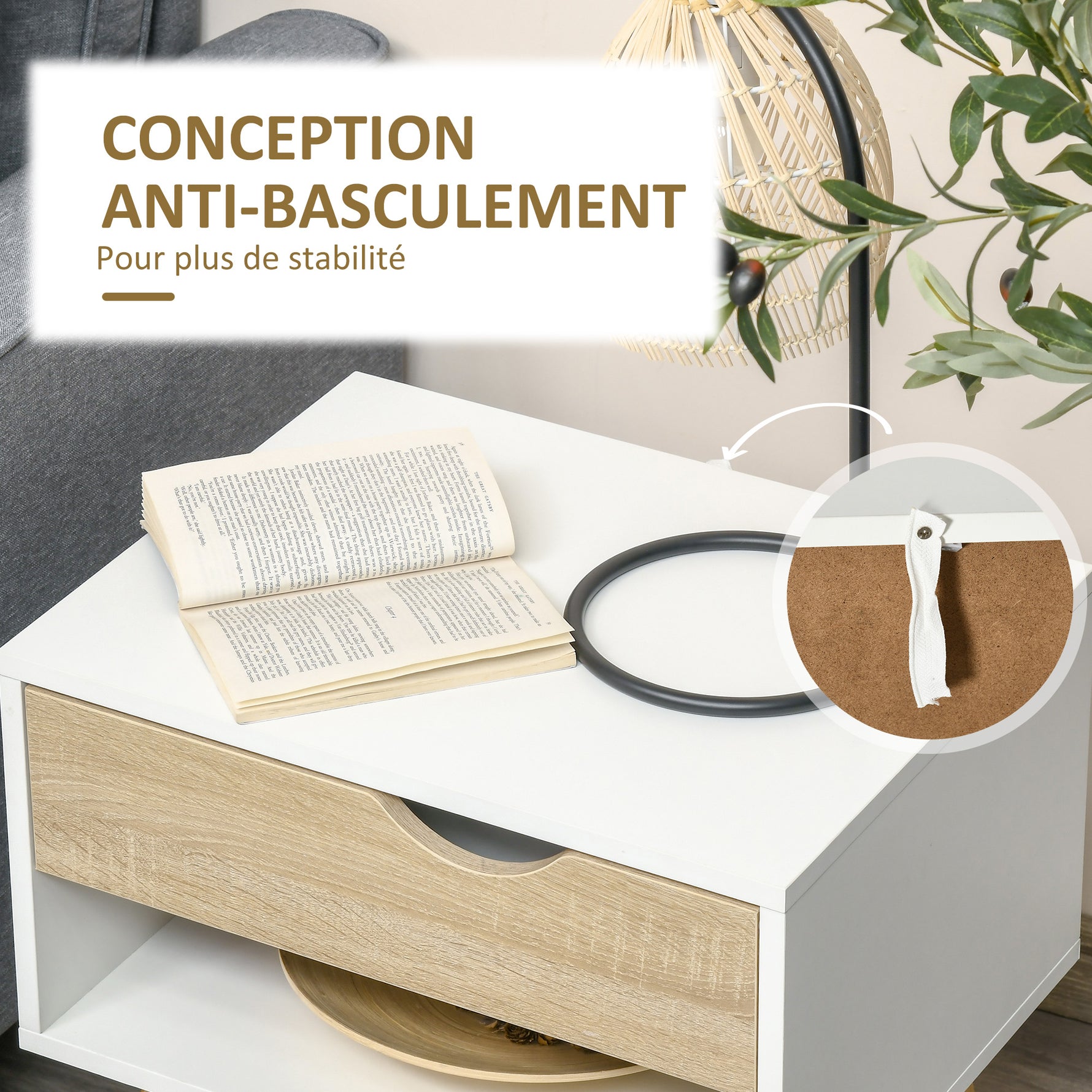 Table de chevet, table de nuit, avec tiroir, design moderne, pieds en bois massif, 50 x 39 x 51 cm, blanc et bois naturel