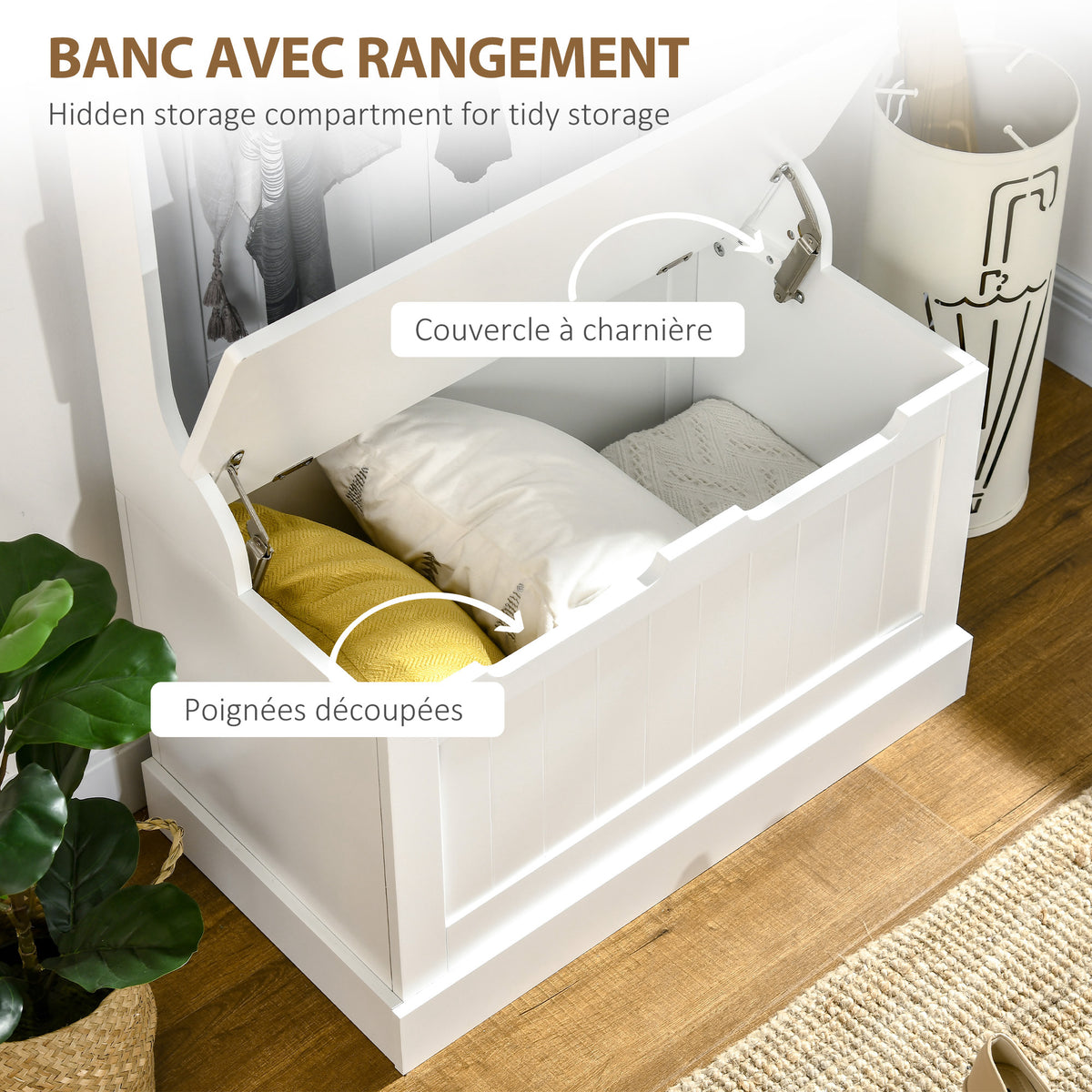 Meuble d'entrée 4 en 1, vestiaire d'entrée avec banc de rangement et 4 crochets doubles, 71,5 x 39,5 x 170 cm, blanc