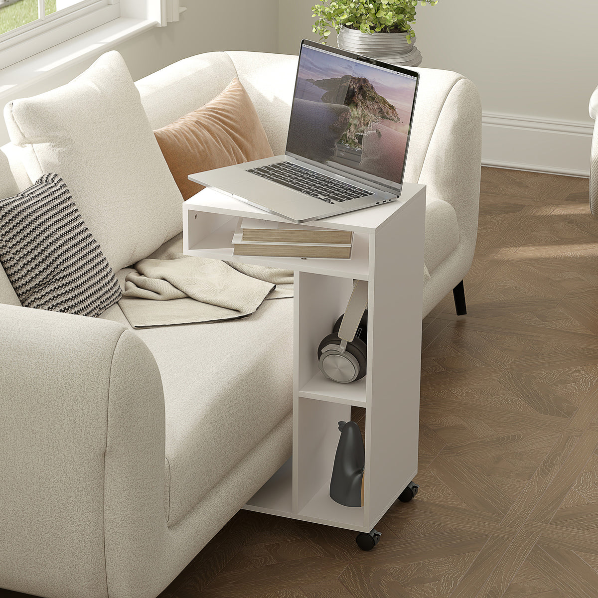 C-förmiger Beistelltisch mit Rollen, mit 3 Fächern und 1 offenem Regal, 40 x 30 x 69 cm, weiß
