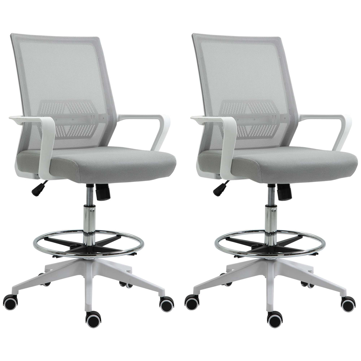 Lot de 2 fauteuils de bureau chaise de bureau assise haute réglable dim. 64L x 60l x 106-126H cm pivotant 360° maille