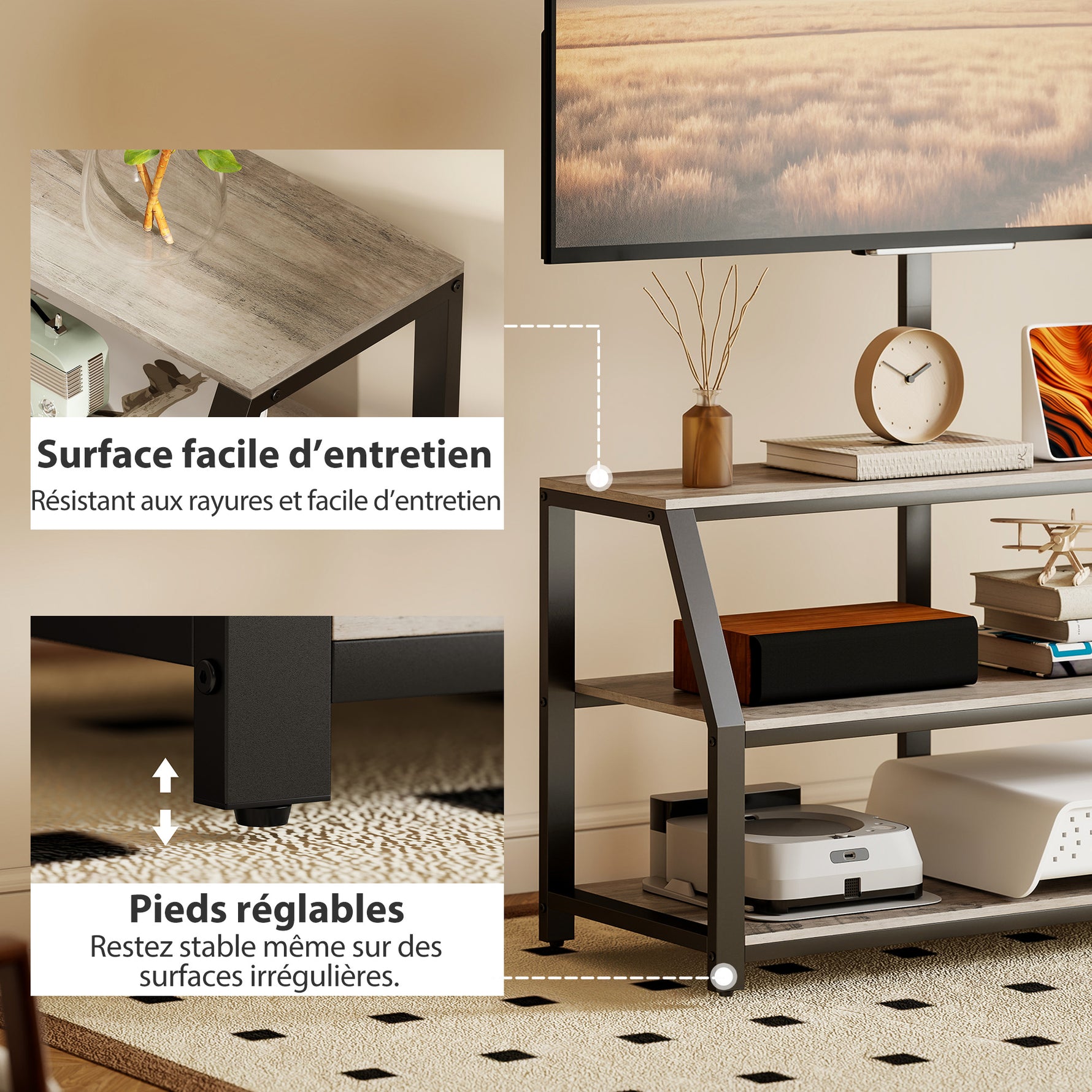 Meuble TV avec support pour téléviseurs jusqu'à 72 pouces, meuble télé avec 2 étagères ouvertes, 110x43x150cm, gris