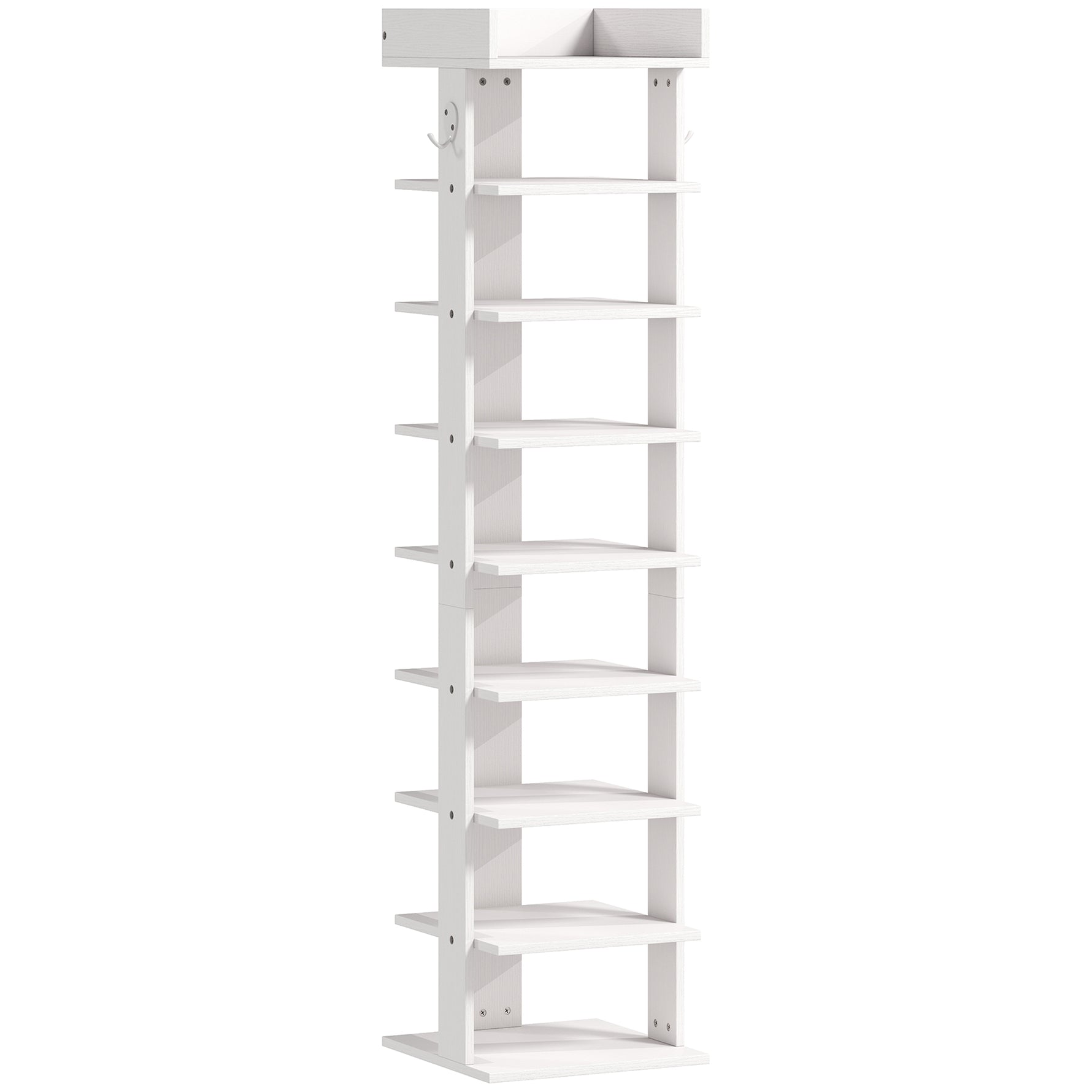 Étagère chaussure à 9 niveaux, range-chaussure jusqu'à 9 paires avec plateau supérieur, 2 crochets, 30x30x128,4cm, blanc