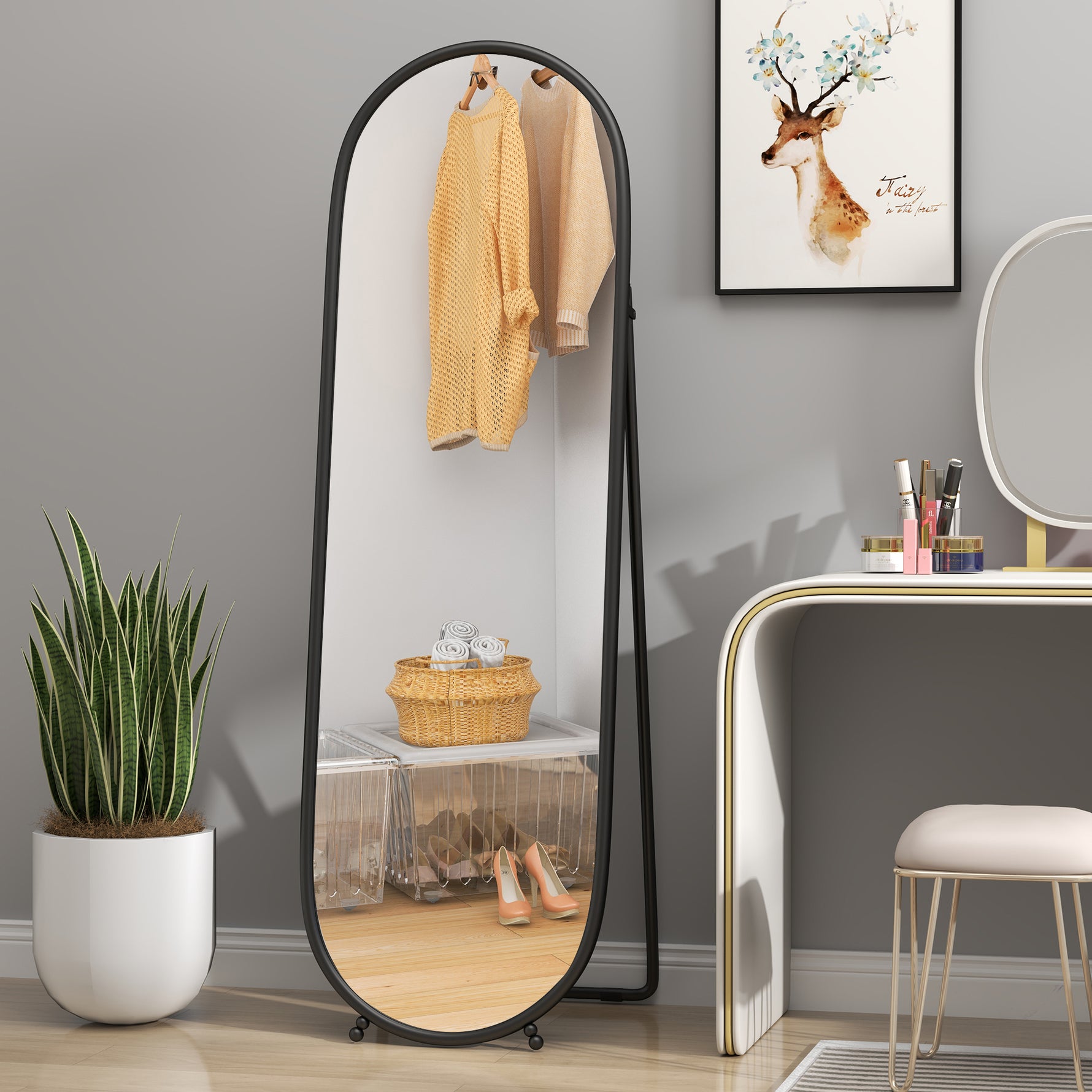 Grand miroir sur pied, miroir ovale, cadre en métal noir, avec support pour entrée, chambre, dressing, 40 x 160 cm