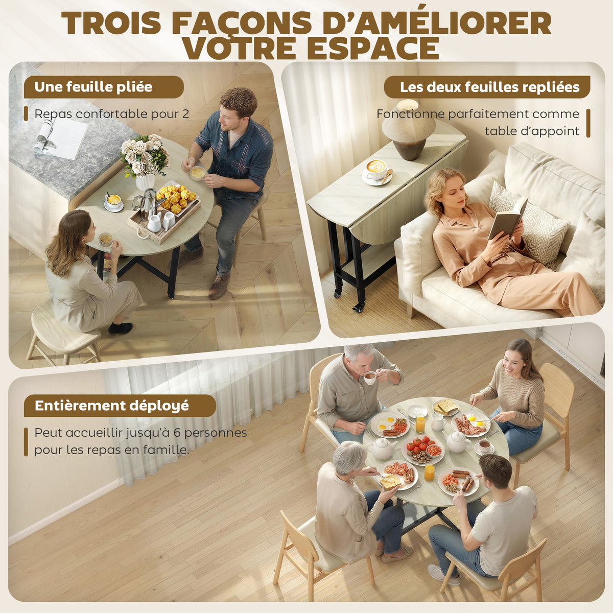 Table à Manger Pliante sur Roulettes, Table de Cuisine pour 4 Personnes, Étagère Intégrée, 100 x 100 x 75 cm, Naturel