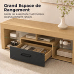 Meuble TV 140 cm, Meuble Télé pour 65 Pouces avec Étagères en Verre Réglables, Tiroir et Compartiments Ouverts, Chêne