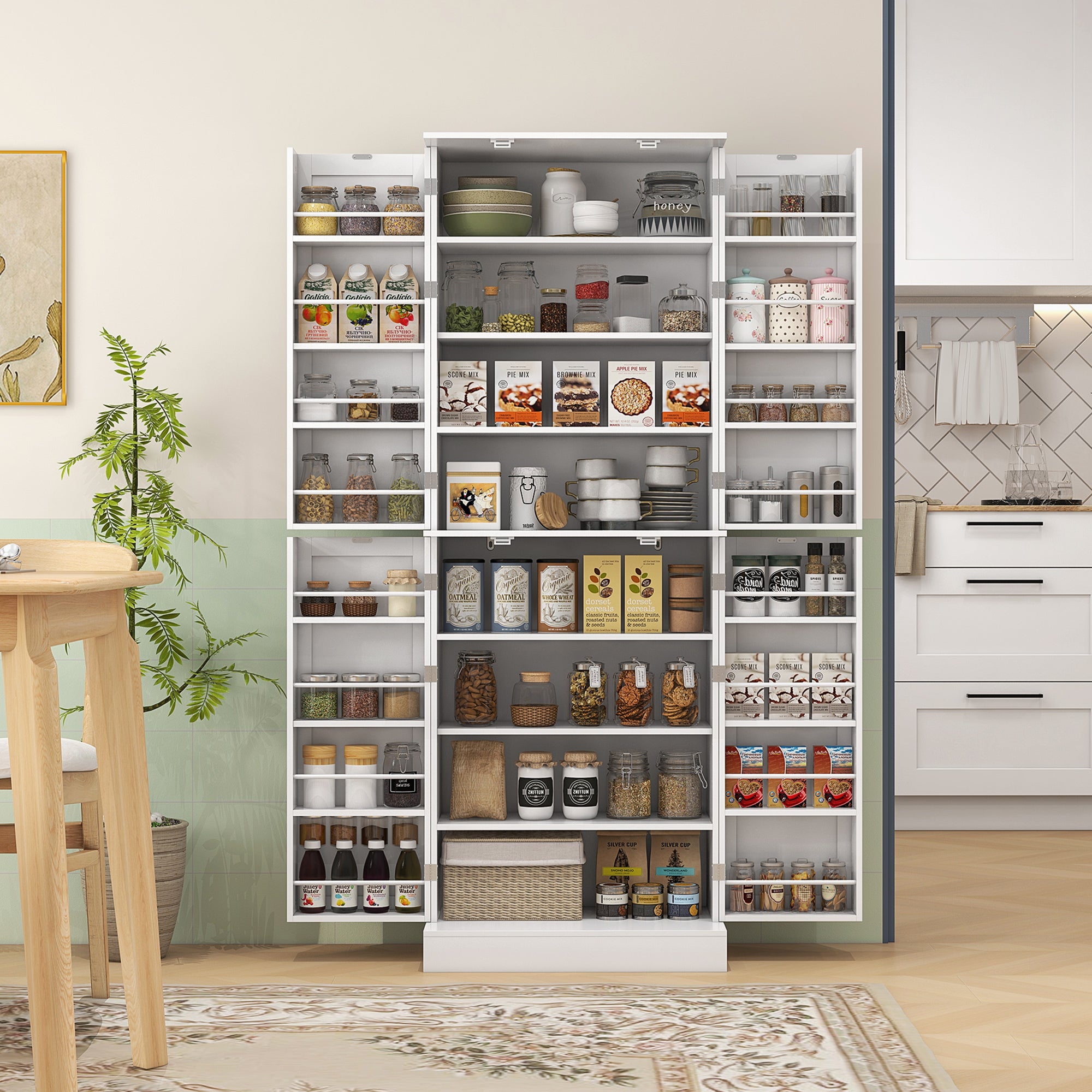 Kitchen cupboard, kitchen sideboard with cabinets, adjustable shelf and spice rack, 60 x 35 x 166 cm, white