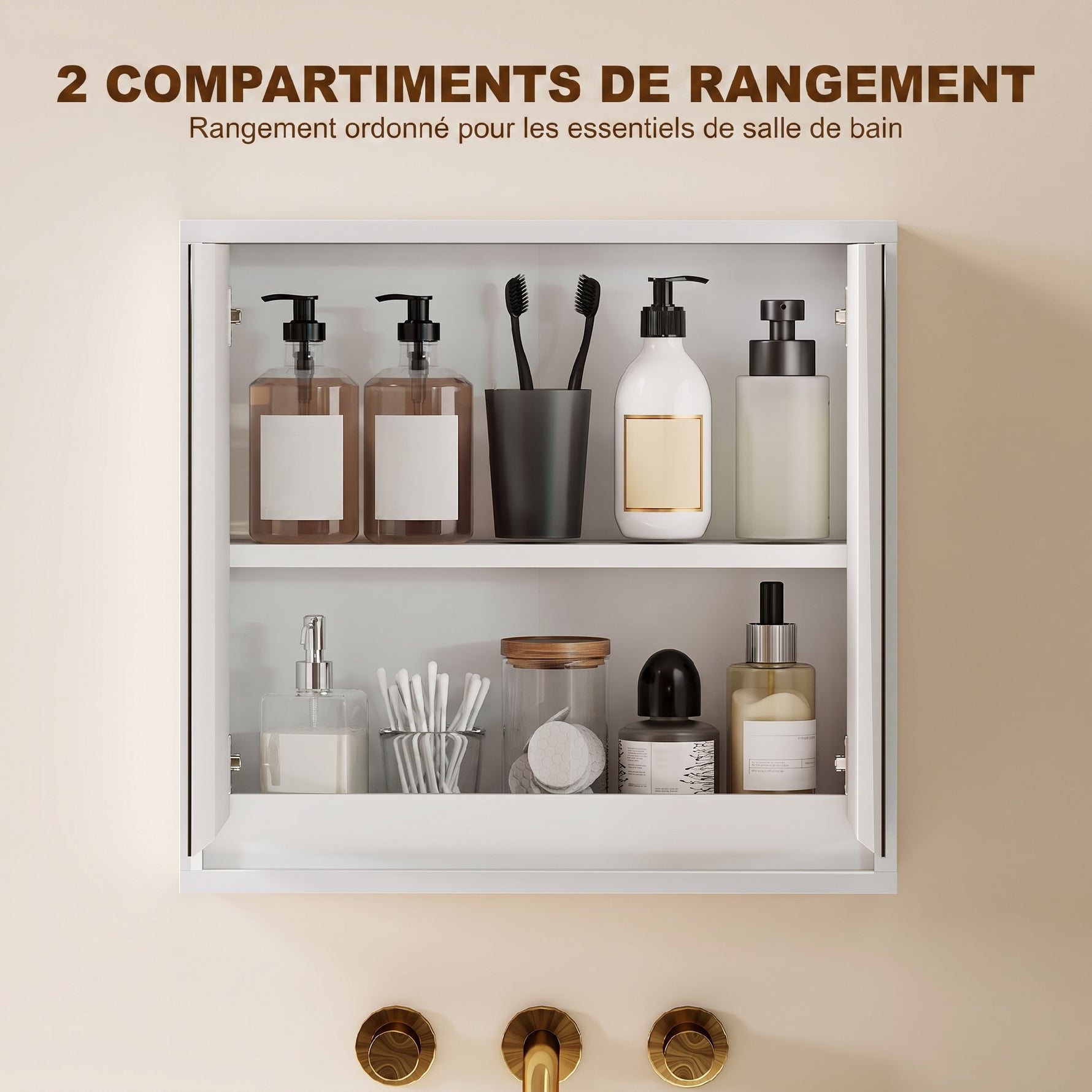 Armoire Murale Miroir Salle de Bain 2 étagères dim. 48L x 14l x 45H cm Panneaux Particules MDF Blanc