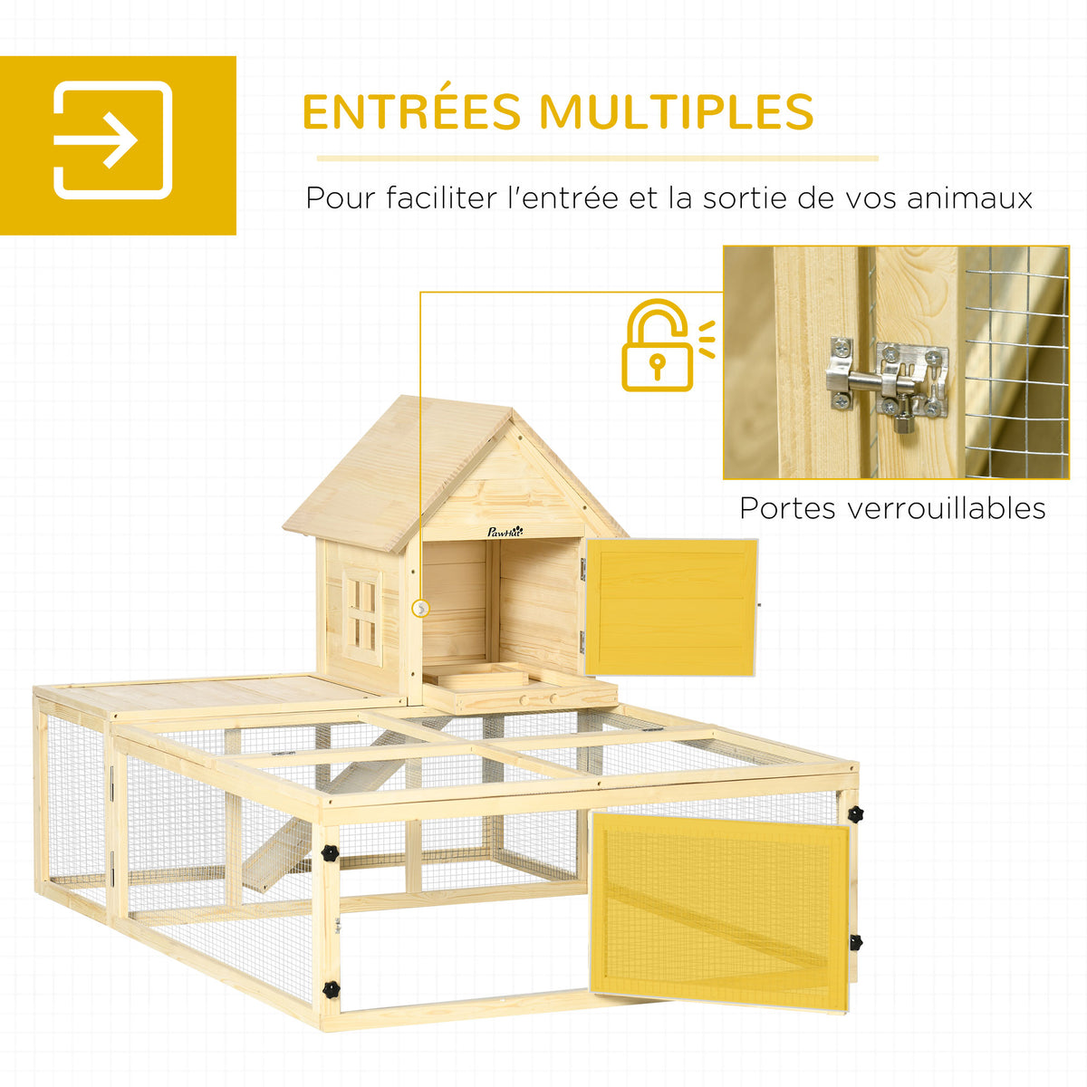 Conejera de madera con recinto para animales, villa para conejos de 2 niveles con área de juego, rampa y puertas con cerradura