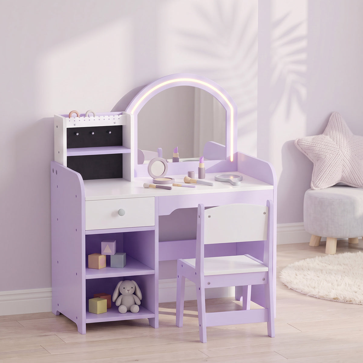 Coiffeuse pour Enfants avec Tabouret et Miroir en Acrylique à Éclairage Bicolore Coiffeuse Bureau Fille 3-8 Ans Violet