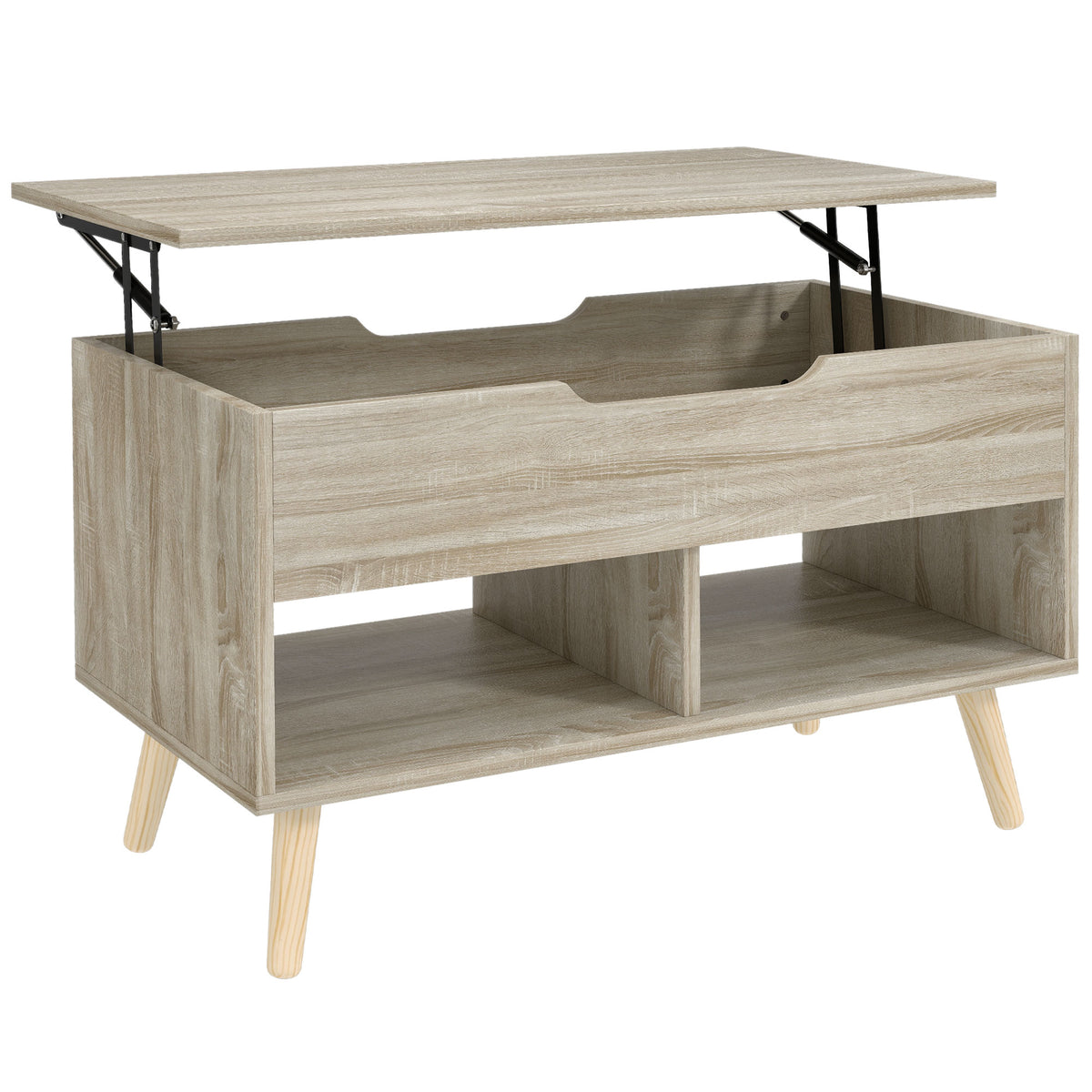 Mesa de centro elevable, mesa de salón con compartimento oculto y estantes abiertos, 75 x 40 x 58 cm, madera natural
