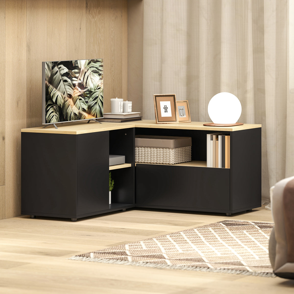 Corner TV stand, television bench for up to 40 inches with 2 cabinets and 3 compartments, 90 x 90 x 45 cm, oak and black