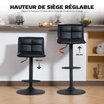 Lot de 2 tabourets de bar, chaises de bar réglable en hauteur avec assise pivotant en PU 44 x 45 x 85-106 cm noir