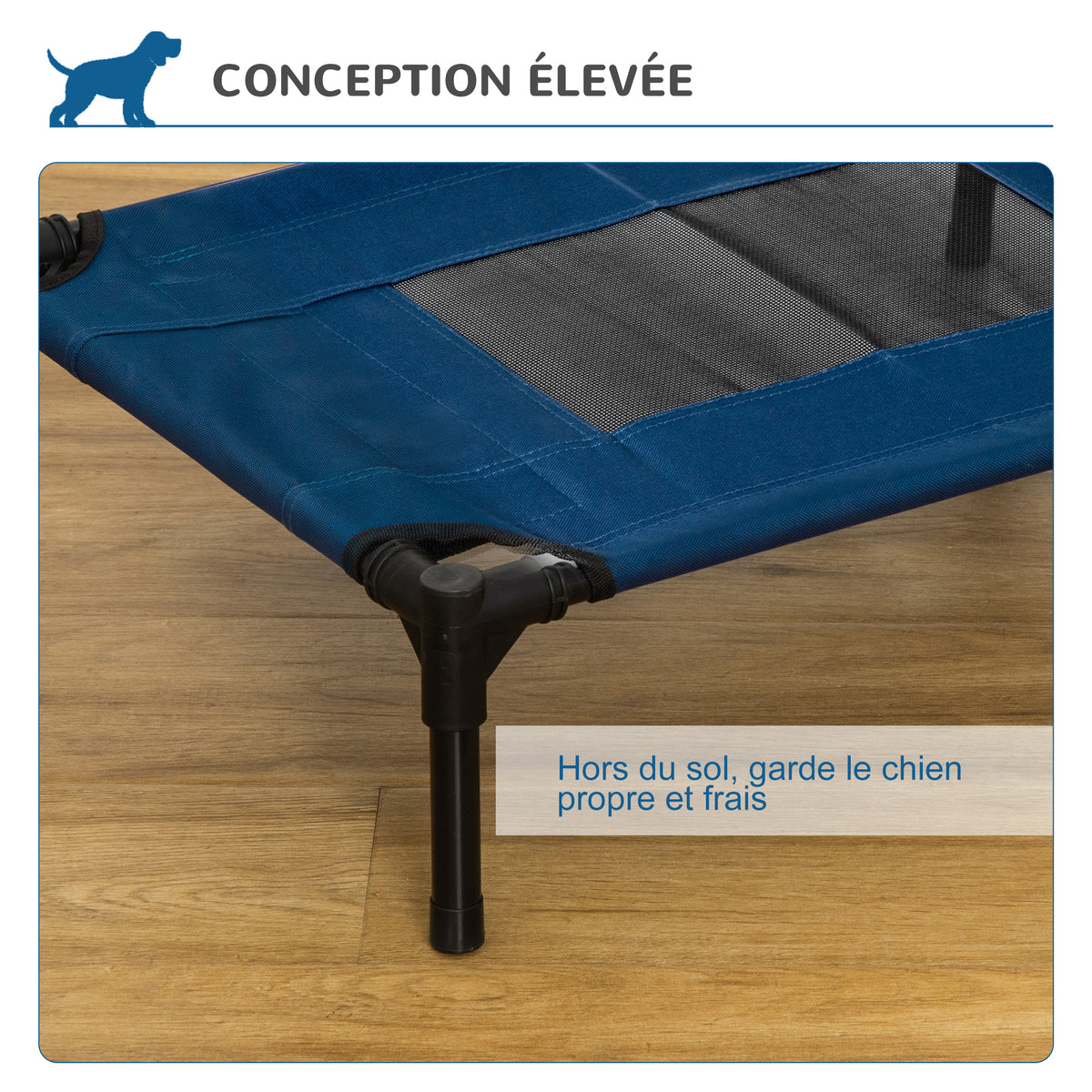 Lit surélevé pour chiens chats animaux de compagnie tissu oxford textilène micro-perforé 61 x 46 x 18 cm bleu et noir