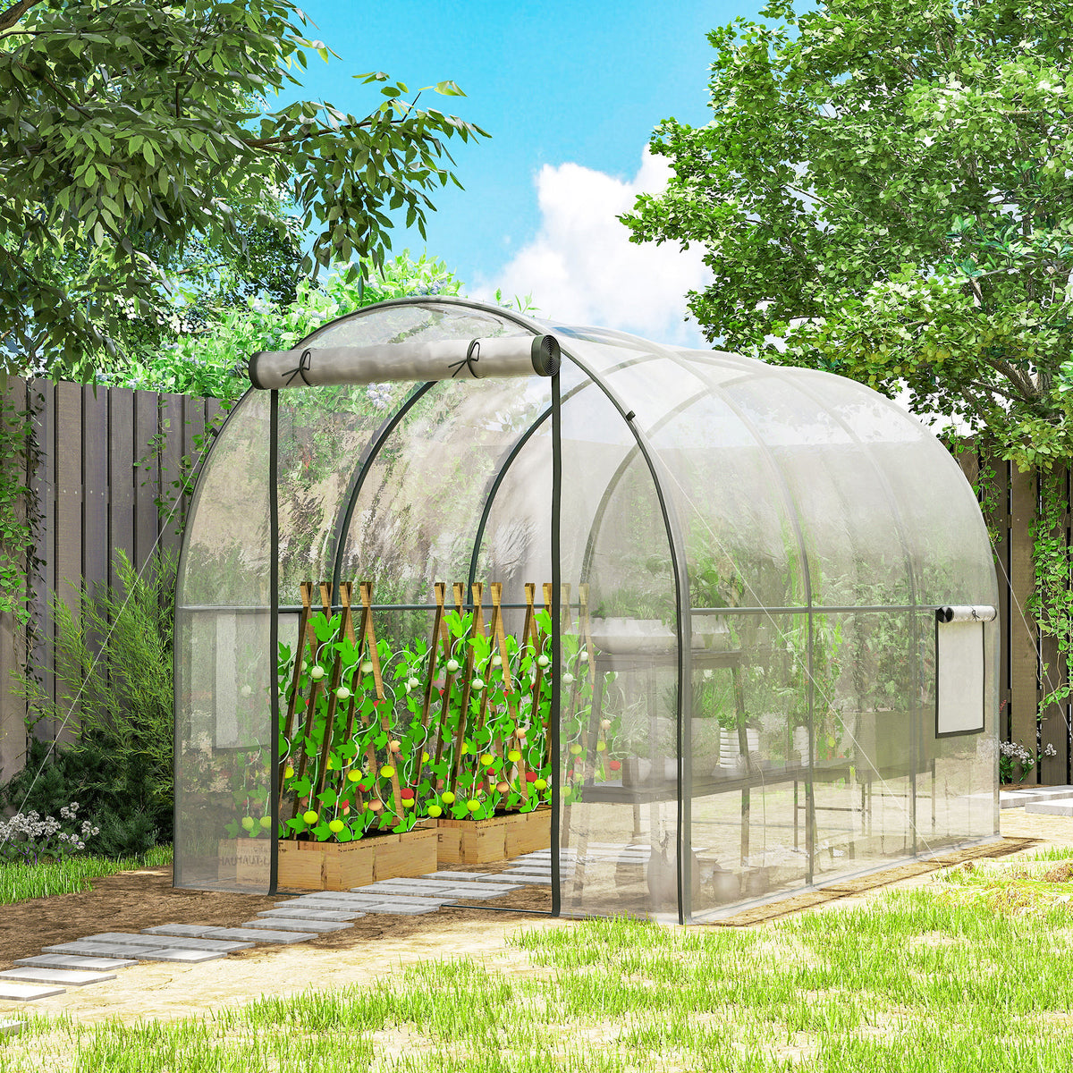 Serre de Jardin Tunnel 6 m² 3L x 2l x 2H m châssis Tubulaire renforcé Porte zippée 2 fenêtres enroulables - transparent