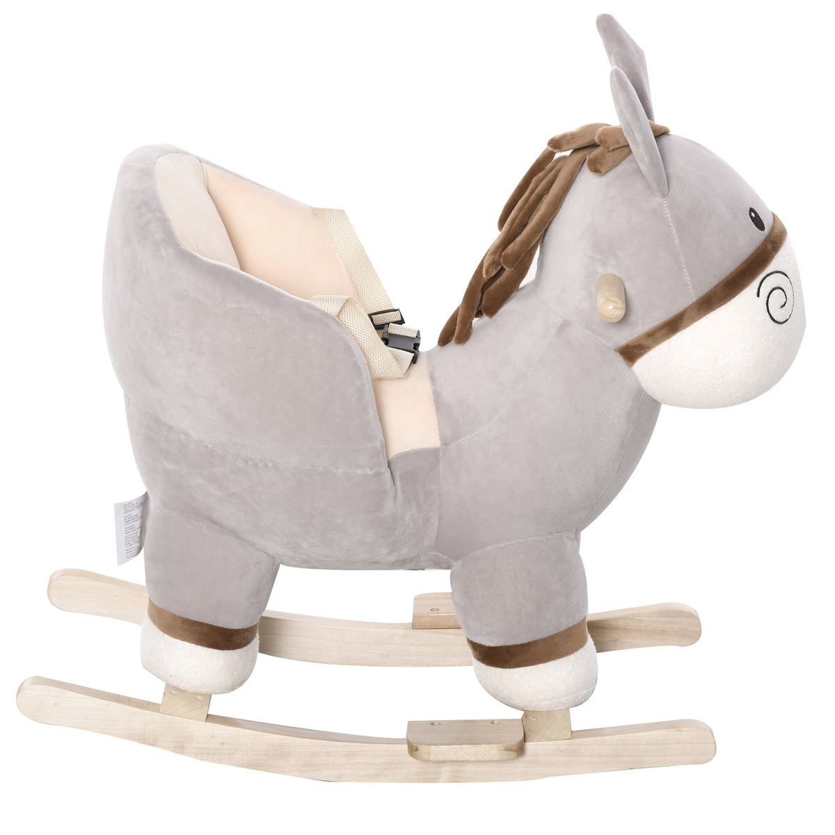 Cheval à Bascule modèle âne Fonction Musicale Selle Grand Confort Peluche Courte Douce Bois peuplier Gris dim. 61L x 34l x 58H cm