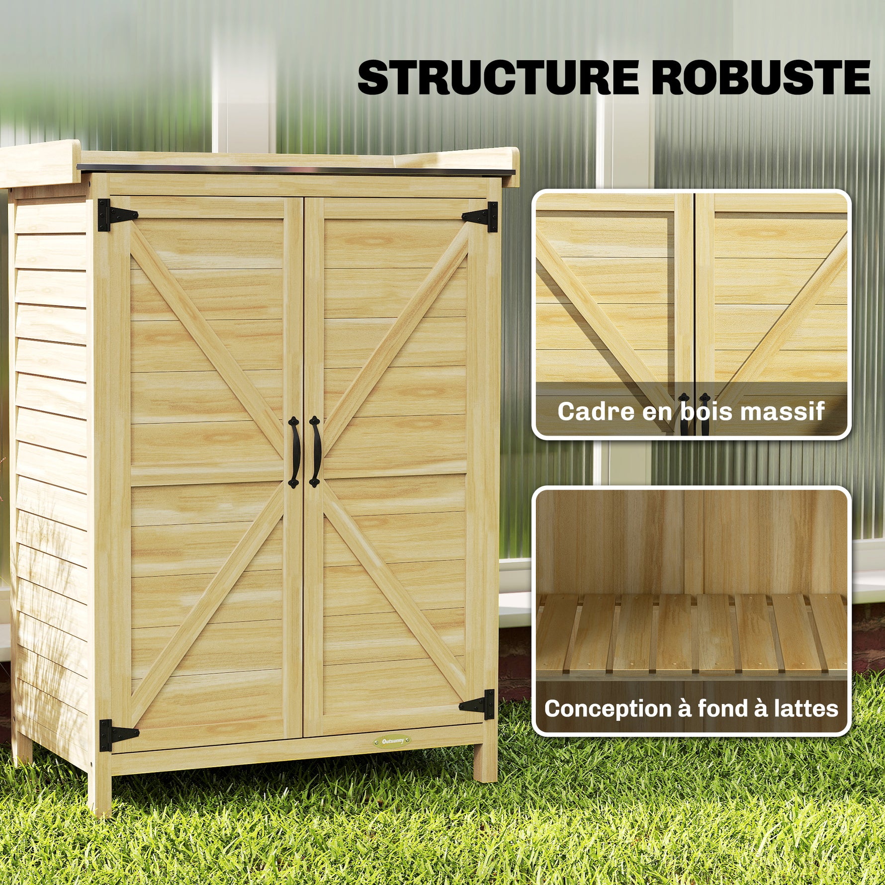 Armoire de jardin, armoire extérieure de rangement en bois, plan de travail en métal galvanisé, 71,5x39x95cm, naturel