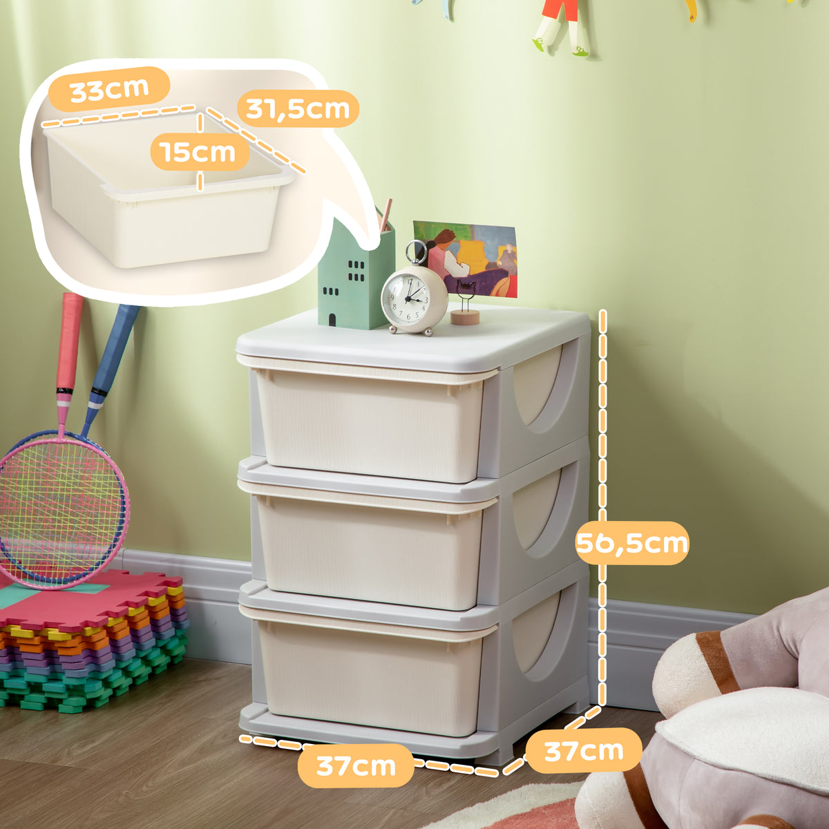 Organisateur de jouets pour enfants avec tiroirs à 3 niveaux, boîtes de rangement en plastique, 37 x 37 x 56,5 cm, crème