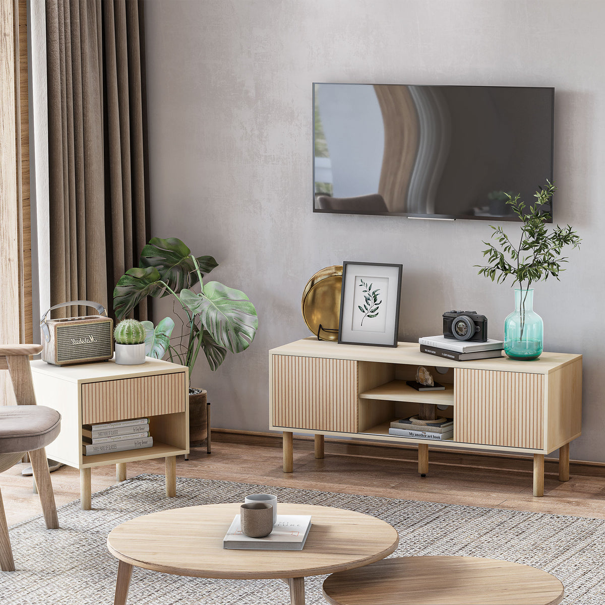 TV-Lowboard für Fernseher bis 50 Zoll, 2 Schiebetüren und 2 Fächer mit Kabeldurchlass - 115 x 40 x 49 cm