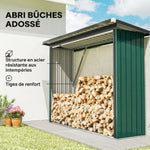 Abri-bûches Couvert Support pour Bois de Chauffage Plancher Surélevé Toit Incliné, Acier Galvanisé 213x66,5x150cm Vert