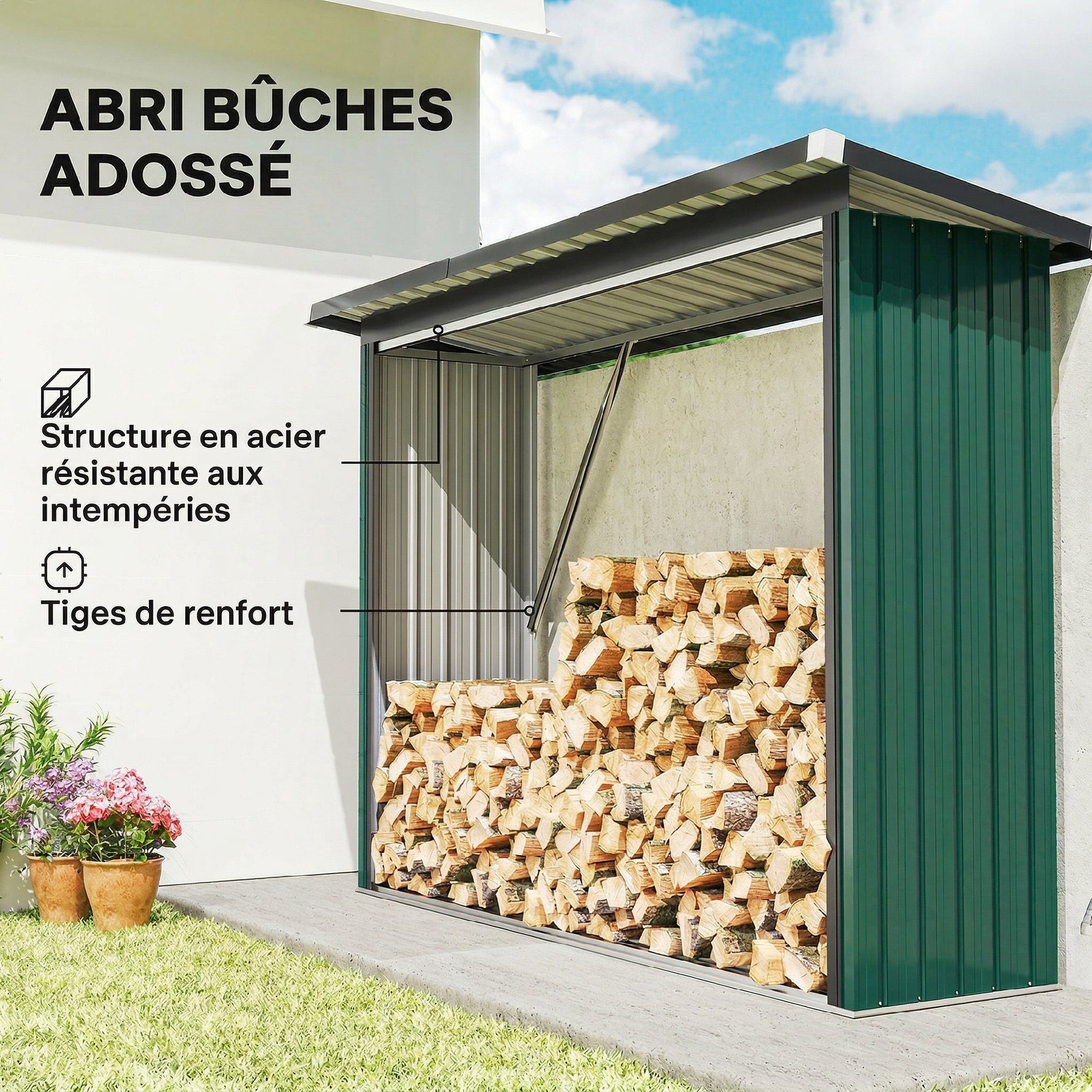 Abri-bûches Couvert Support pour Bois de Chauffage Plancher Surélevé Toit Incliné, Acier Galvanisé 213x66,5x150cm Vert
