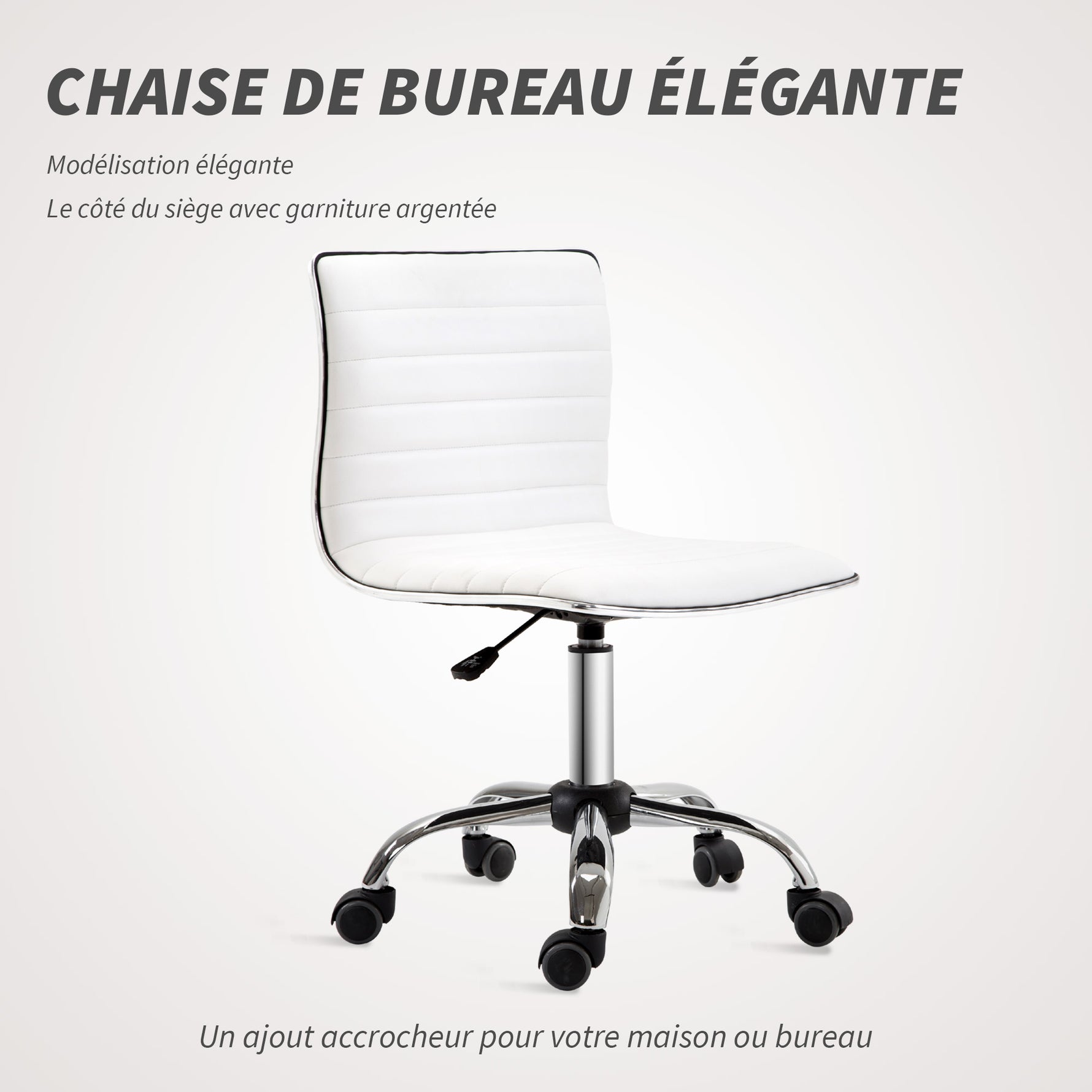 Chaise bureau sans accoudoirs, fauteuil de bureau, hauteur réglable, assise et dossier rembourrés, 48x52x78-90cm, blanc