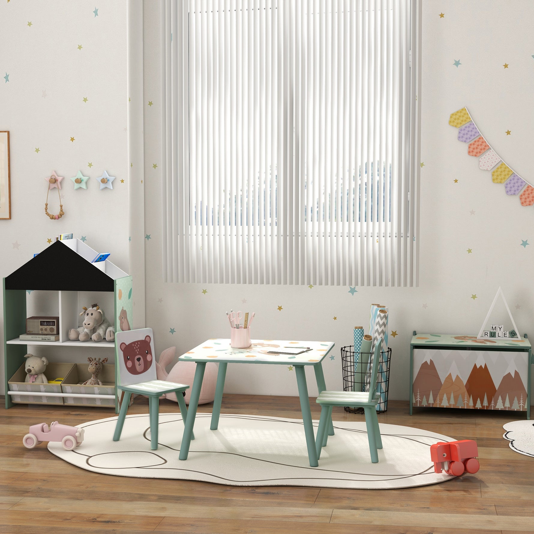 Coffre à jouet enfant coffre de rangement enfant couvercle rabattable motif de forêt coins arrondis 60 x 37 x 39 cm vert