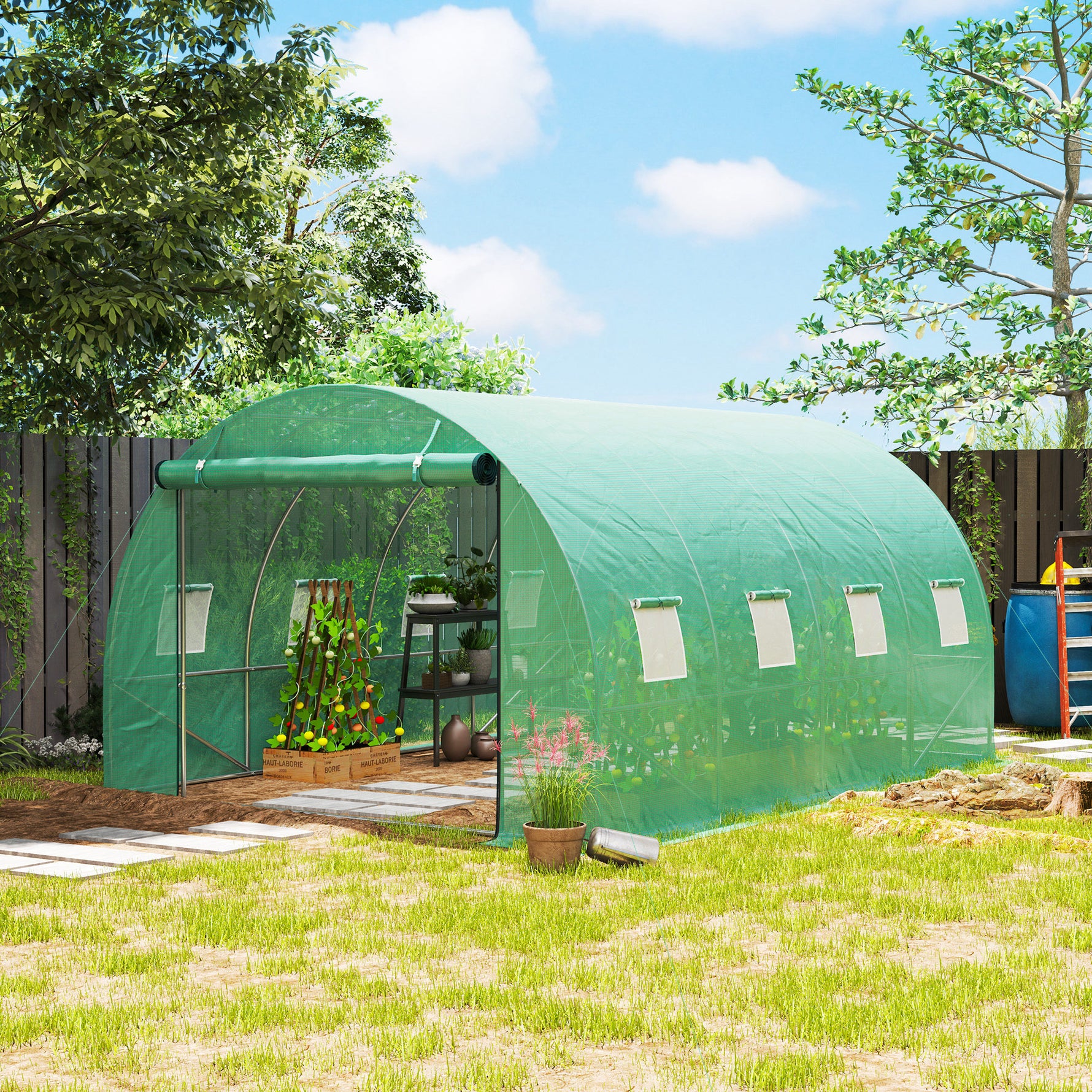 Serre tunnel de jardin 3 x 4 x 2 m avec porte enroulable et grandes fenêtres, en acier galvanisé et PE, vert