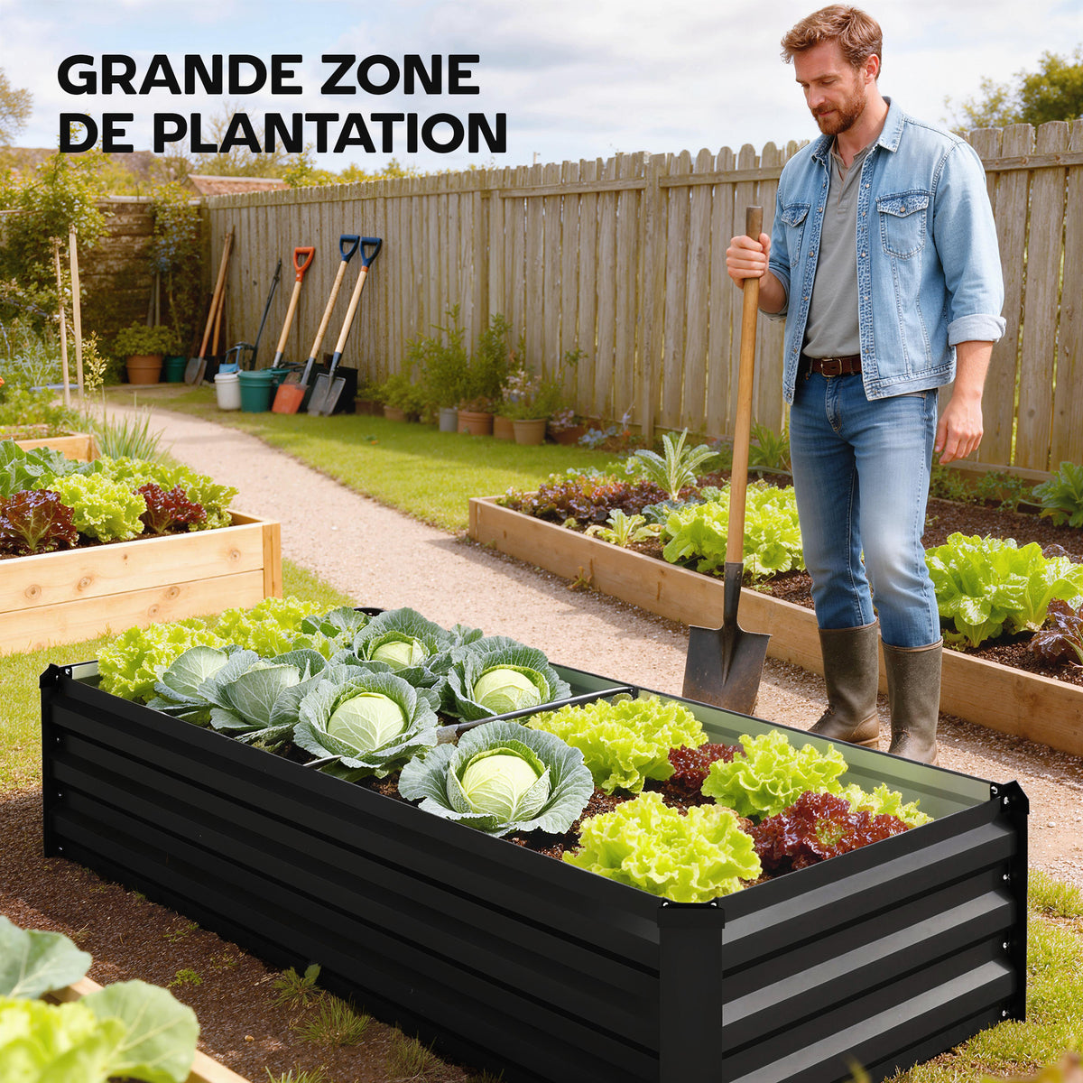 Jardinière rectangulaire potager de jardin en acier galvanisé bordure de sécurité et fond ouvert 150x70x30cm gris foncé