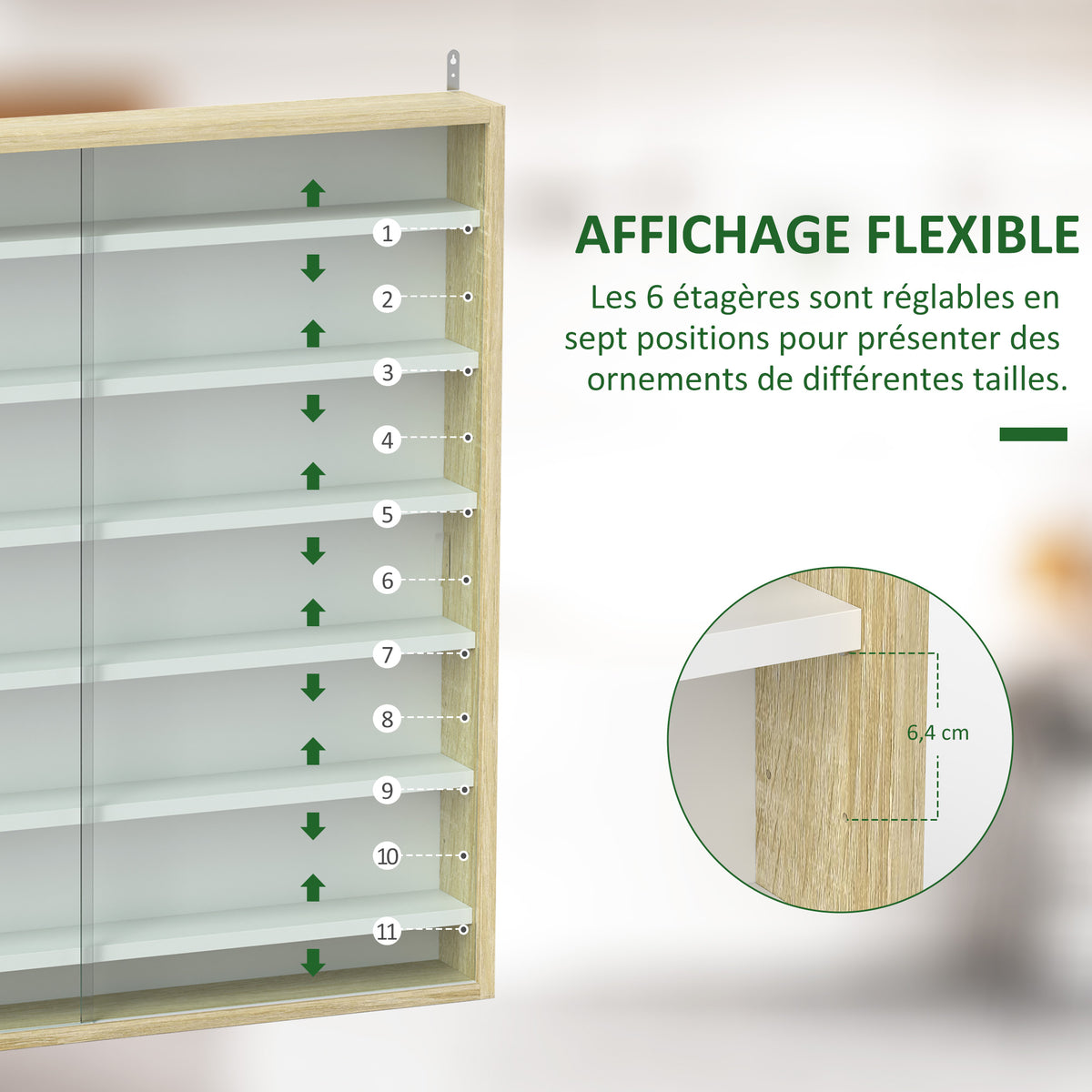 Vitrine pour collection vitrine murale 80 x 9,5 x 83 cm 6 étagères réglables en hauteur 2 portes coulissantes en verre