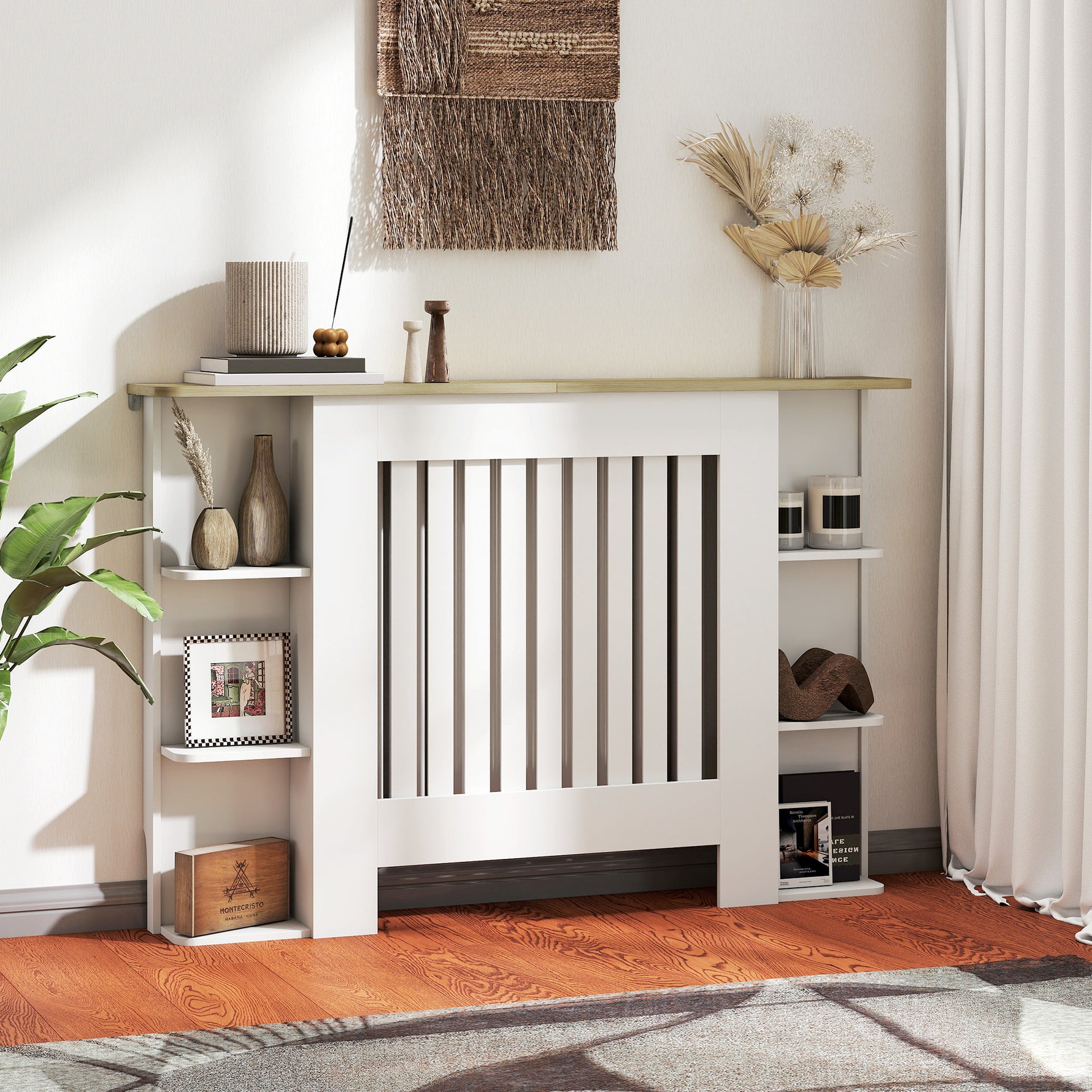 Cache-radiateur avec étagères de rangement ouvertes, couvercle de radiateur en bois à lattes, 124x19x83cm, blanc